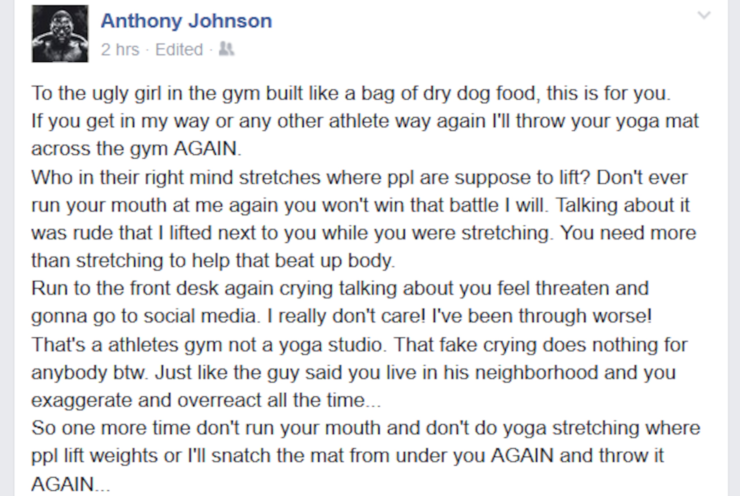 Screenshot of Anthony Johnson's Original FB post