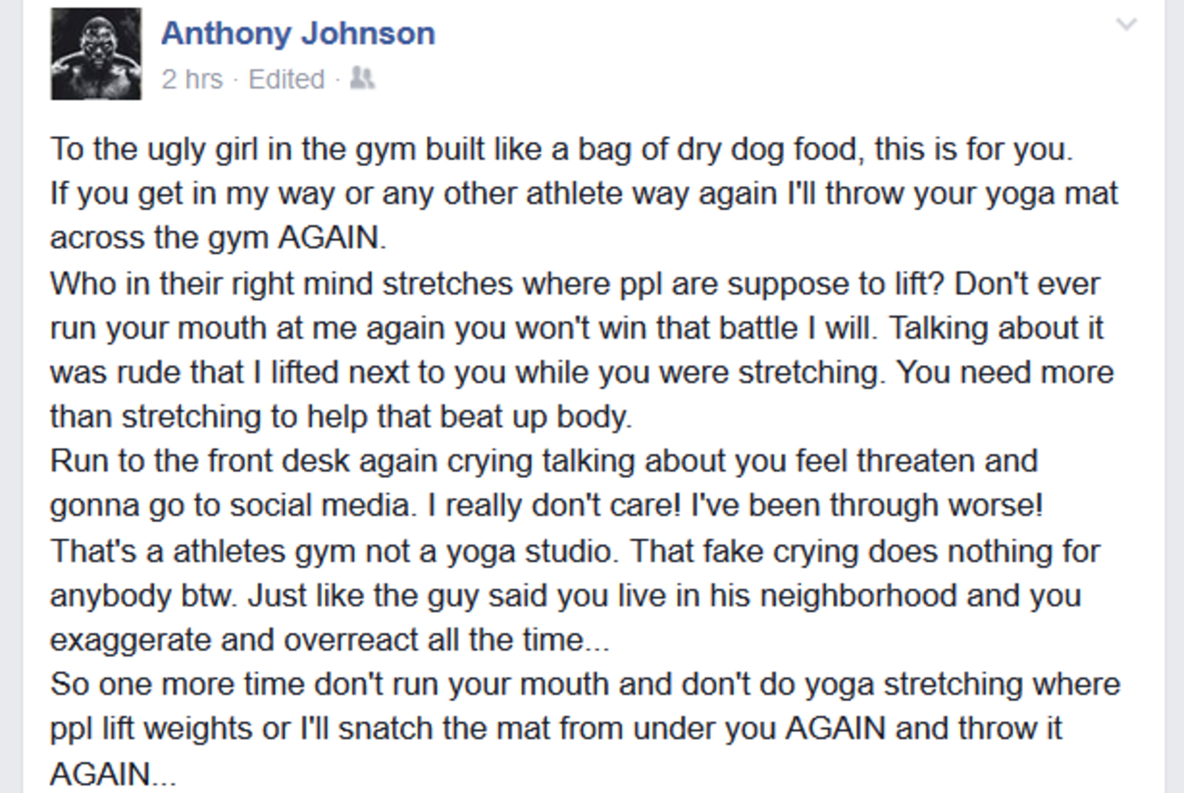Screenshot of Anthony Johnson's Original FB post