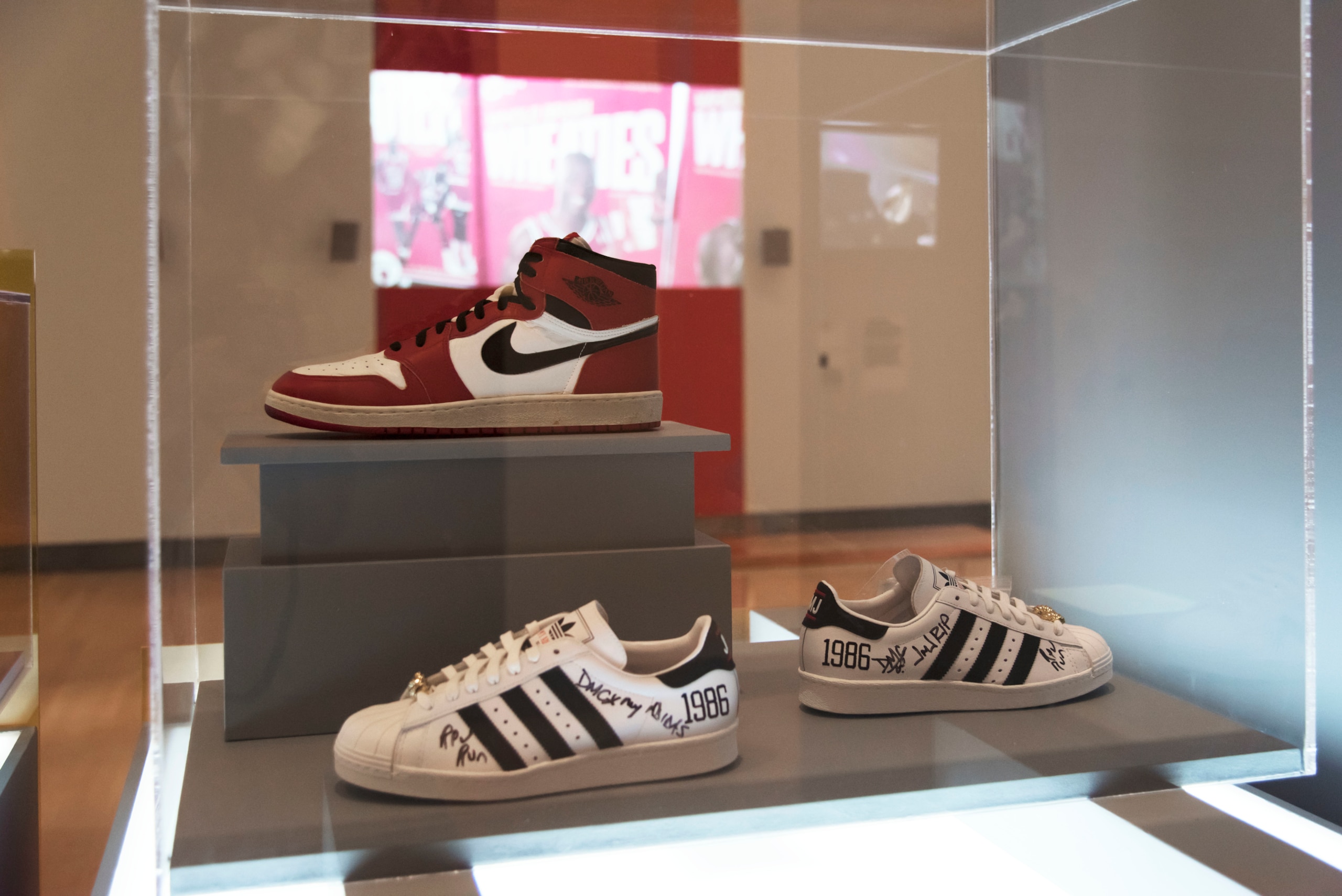 The Air Jordan I and Adidas Superstar on display. The Air Jordan I and Adidas Superstar on display.
