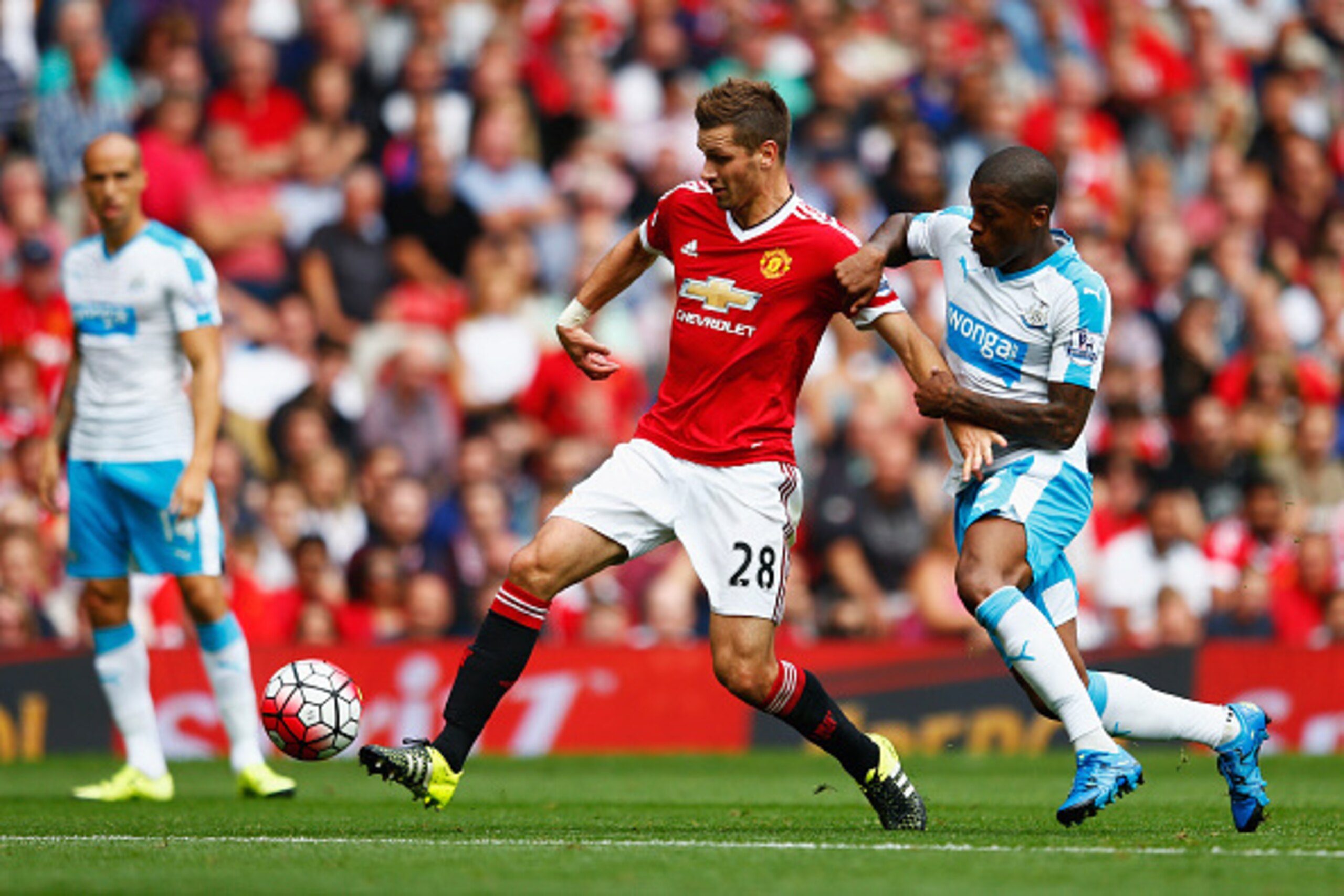 MANCHESTER, ENGLAND - AUGUST 22: Morgan Schneiderlin of Manchester United and Georginio Wijnaldum of Newcastle United compete for the ball during the Barclays Premier League match between Manchester United and Newcastle United at Old Trafford on August 22