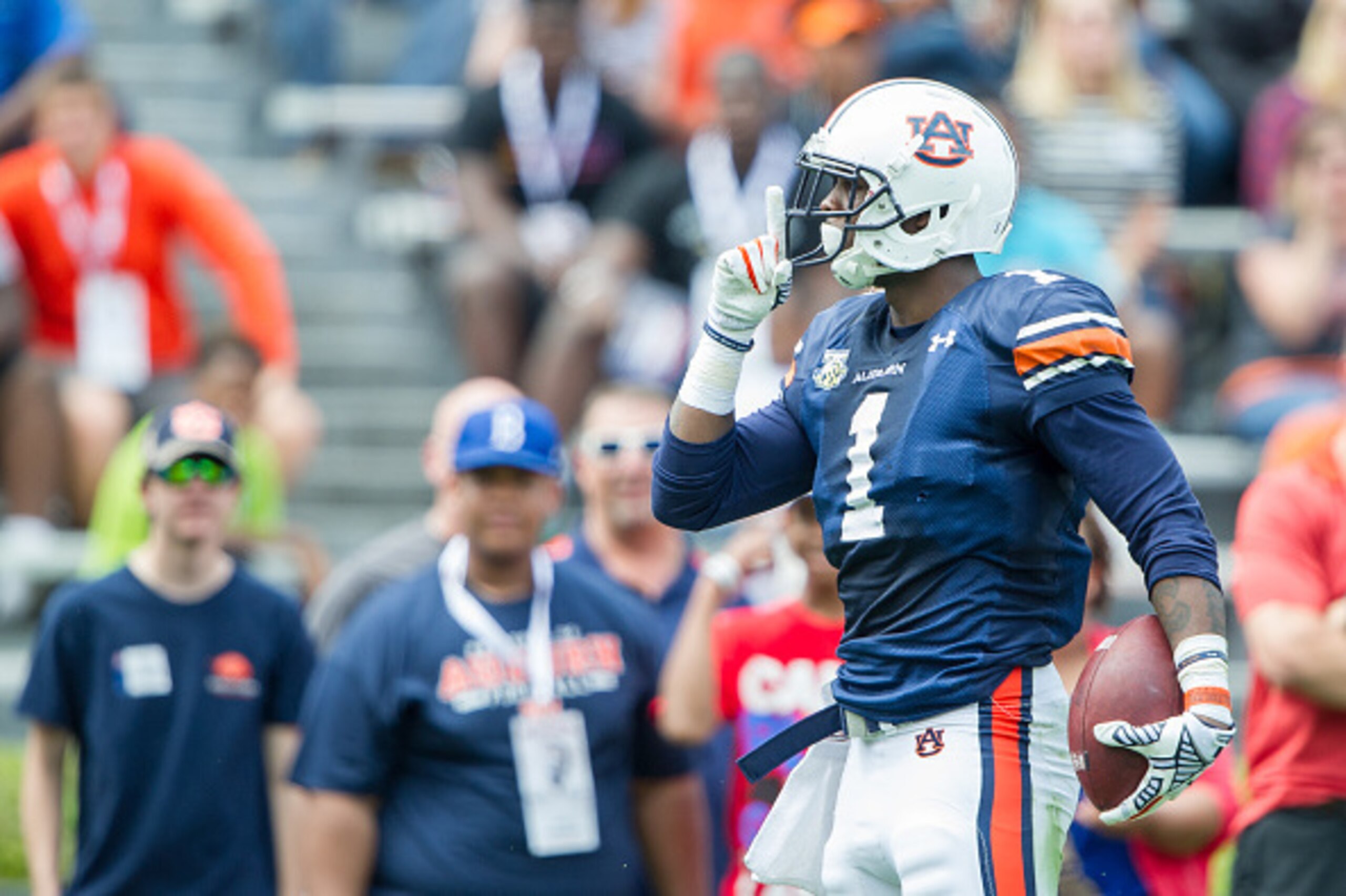 AUBURN, AL - APRIL 18: D'haquille Williams #1 of Auburn Tigers signals to the fans after scoring a touchdown during Auburn's A-Day game on April 18, 2015 at Jordan-Hare Stadium in Auburn, Alabama. (Photo by Michael Chang/Getty Images)
