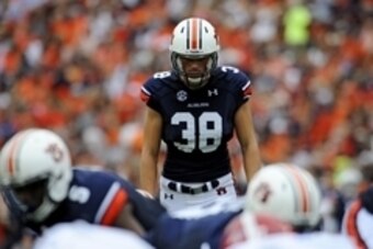 Sep 27, 2014; Auburn, AL, USA; Auburn Tigers place kicker Daniel Carlson (38) prepares to kick the ball during the first half against the Louisiana Tech Bulldogs at Jordan Hare Stadium. Mandatory Credit: Shanna Lockwood-USA TODAY Sports