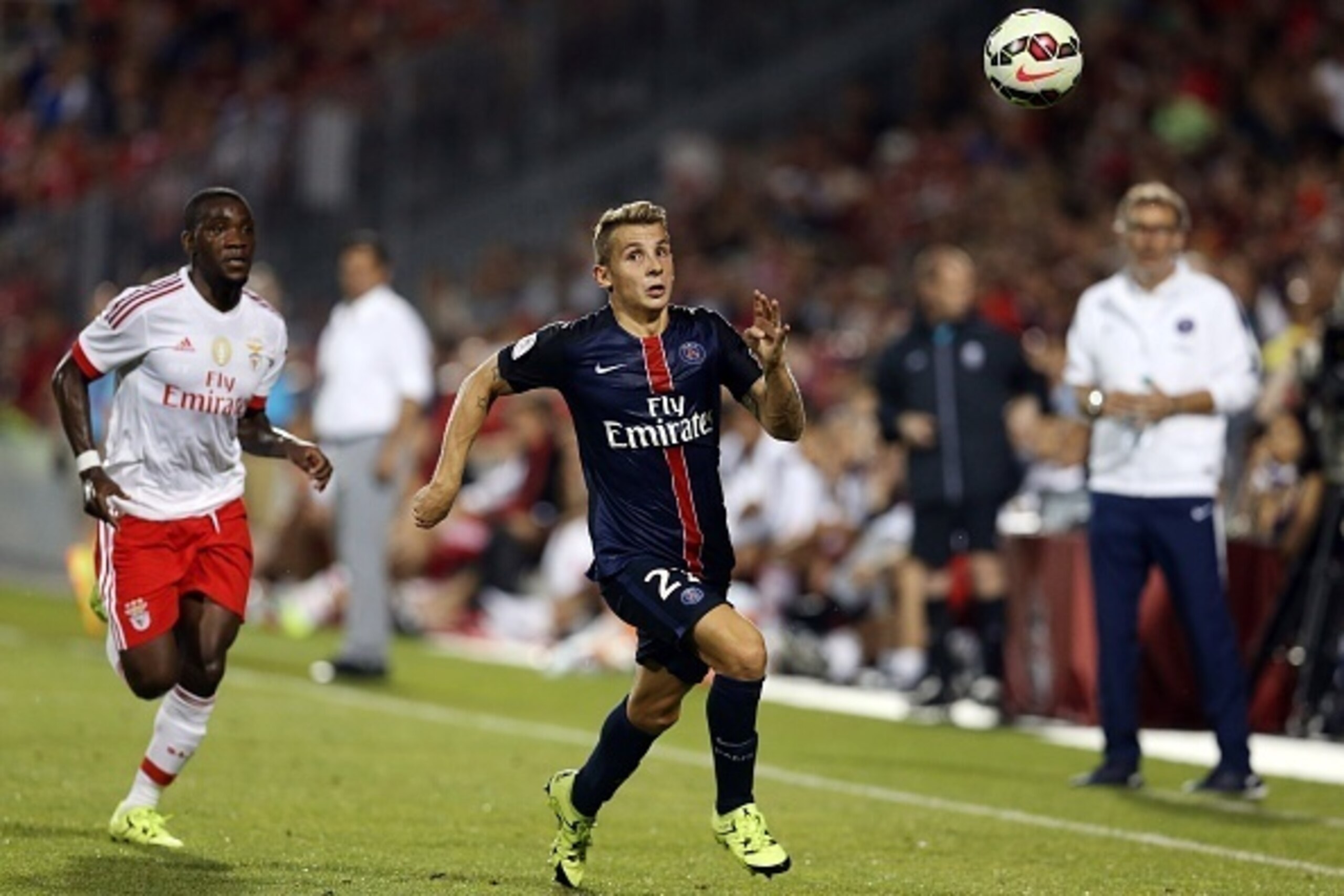 TORONTO, ON - JULY 18:  Lucas Digne #21 of Paris Saint-Germain chases a high ball during the 2015 International Champions Cup match at BMO Field on July 18, 2015 in Toronto, Ontario, Canada.  (Photo by Vaughn Ridley/Getty Images)
