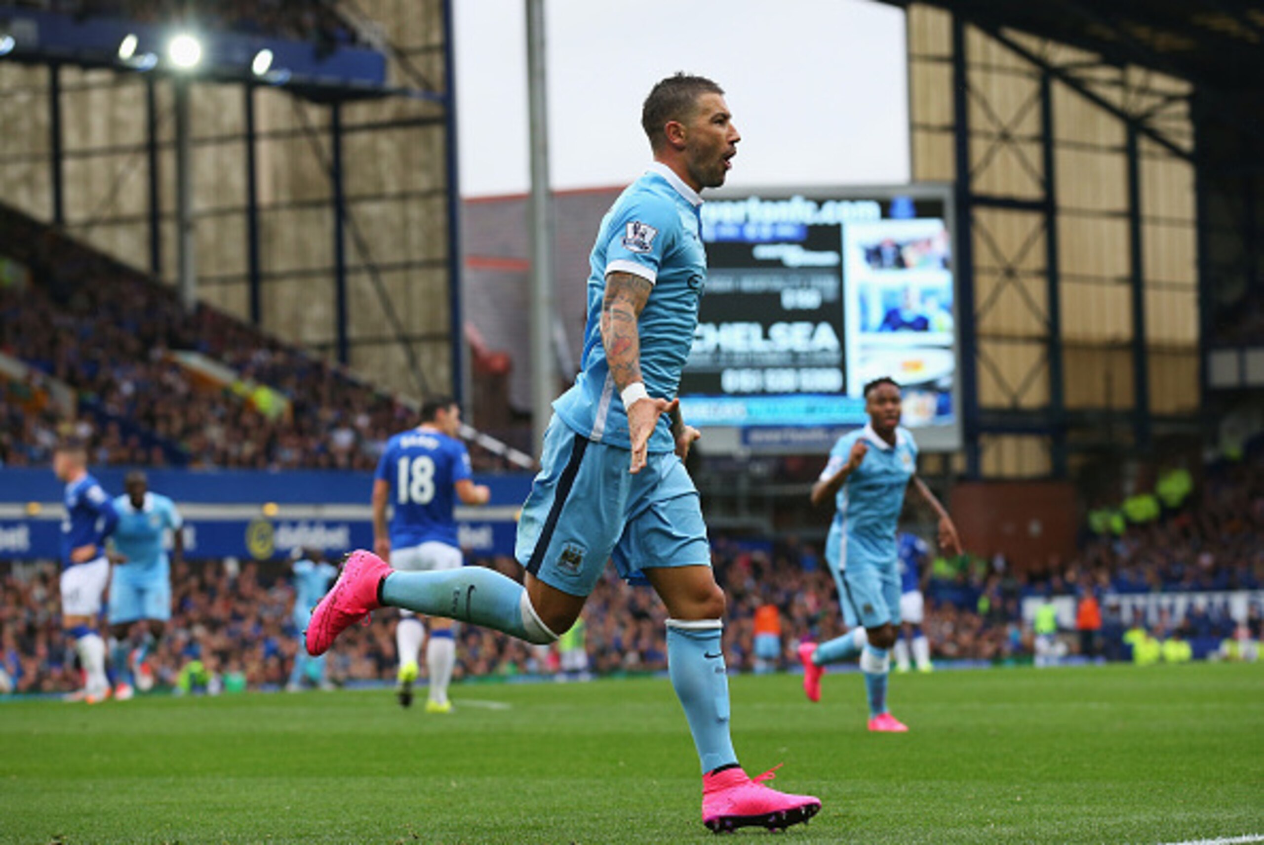 LIVERPOOL, ENGLAND - AUGUST 23:  Aleksandar Kolarov of Manchester City celebrates scoring the opening goal during the Barclays Premier League match between Everton and Manchester City at Goodison Park on August 23, 2015 in Liverpool, England.  (Photo by A