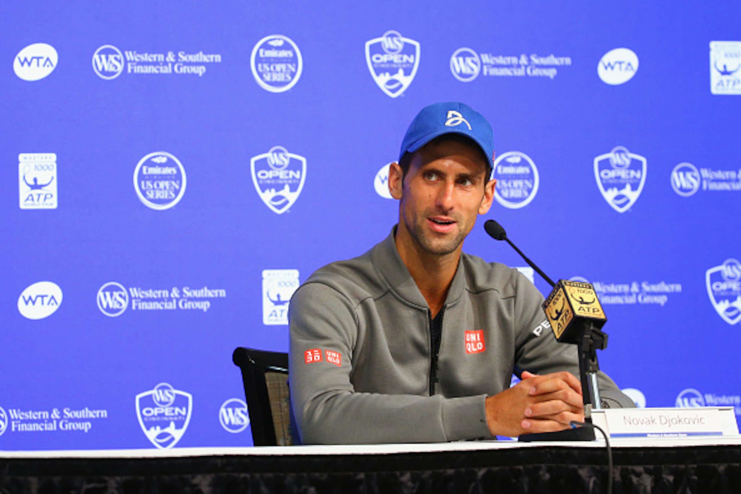 CINCINNATI, OH - AUGUST 18:  Novak Djokovic addresses the media in a press conference during Day 4 of the Western & Southern Open at the Lidler Family Tennis Center on August 18, 2015 in Cincinnati, Ohio.  (Photo by Maddie Meyer/Getty Images)