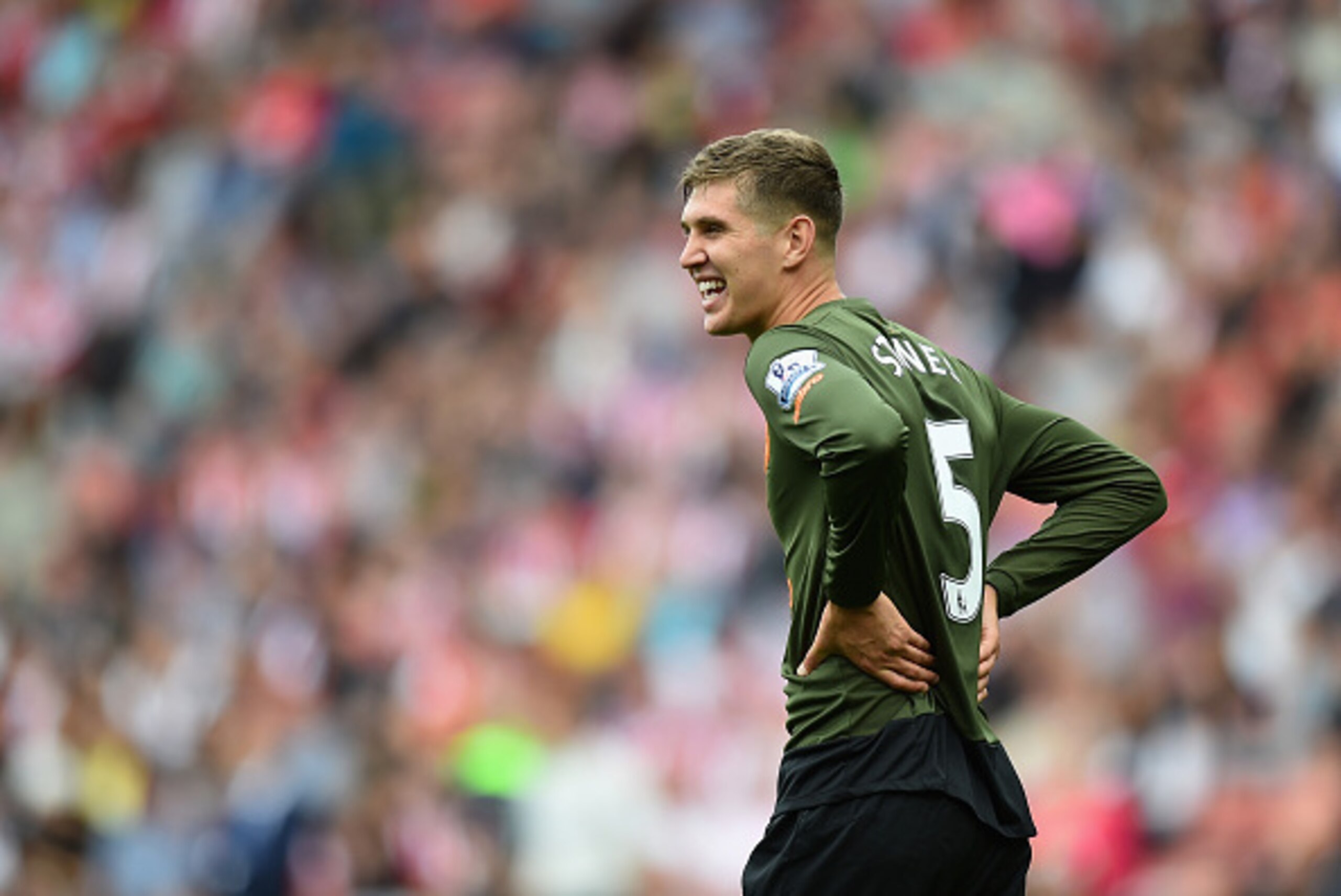 SOUTHAMPTON, ENGLAND - AUGUST 15:  John Stones of Everton laughs during the Barclays Premier League match between Southampton and Everton at St Mary's Stadium on August 15, 2015 in Southampton, United Kingdom.  (Photo by Christopher Lee/Getty Images)