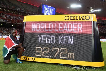 BEIJING, CHINA - AUGUST 26:  Julius Yego of Kenya celebrates after winning gold in the Men's Javelin final during day five of the 15th IAAF World Athletics Championships Beijing 2015 at Beijing National Stadium on August 26, 2015 in Beijing, China.  (Phot