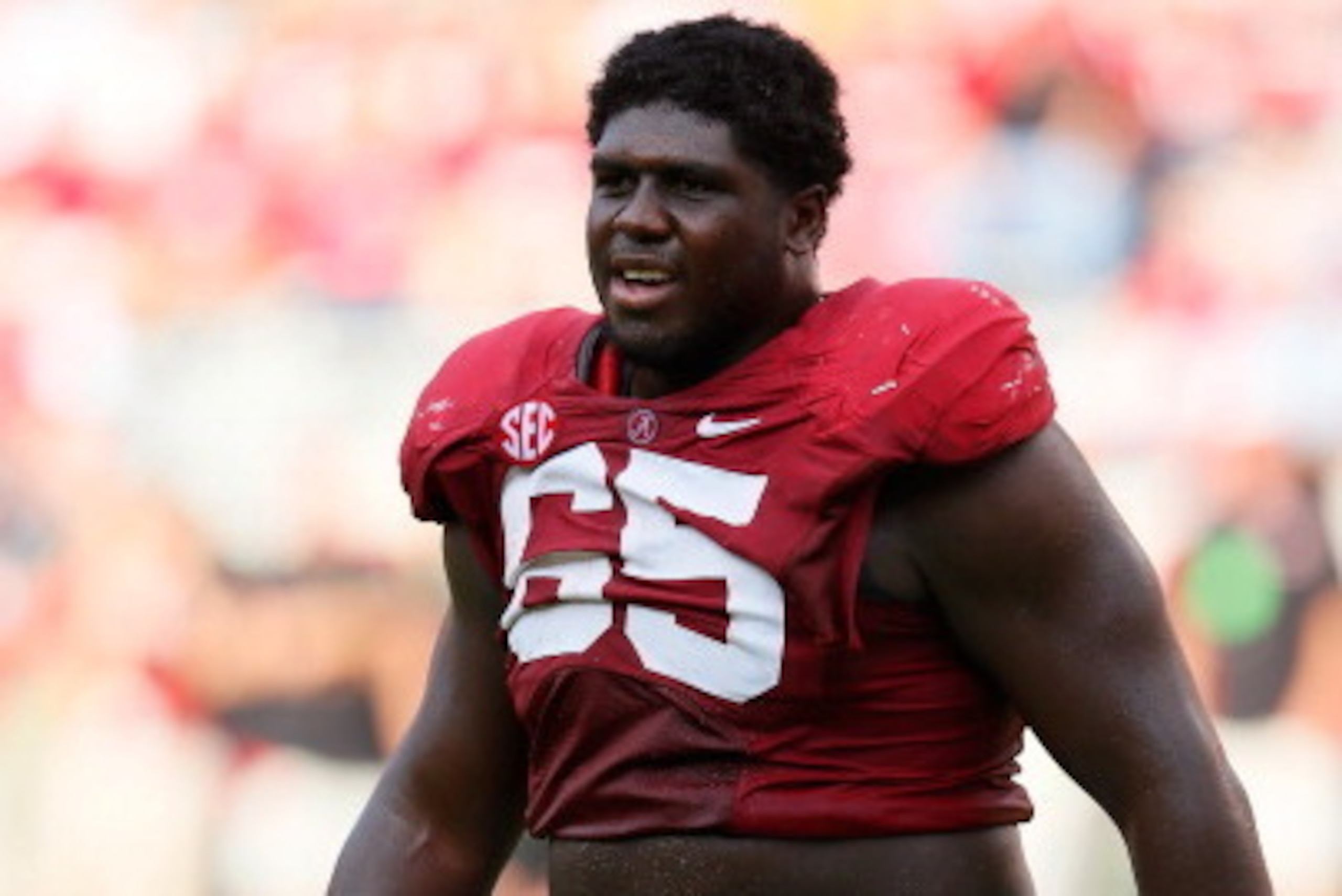 TUSCALOOSA, AL - SEPTEMBER 08:  Chance Warmack #65 of the Alabama Crimson Tide walks to the sideline during an injury timeout against the Western Kentucky Hilltoppers at Bryant-Denny Stadium on September 8, 2012 in Tuscaloosa, Alabama.  (Photo by Kevin C.