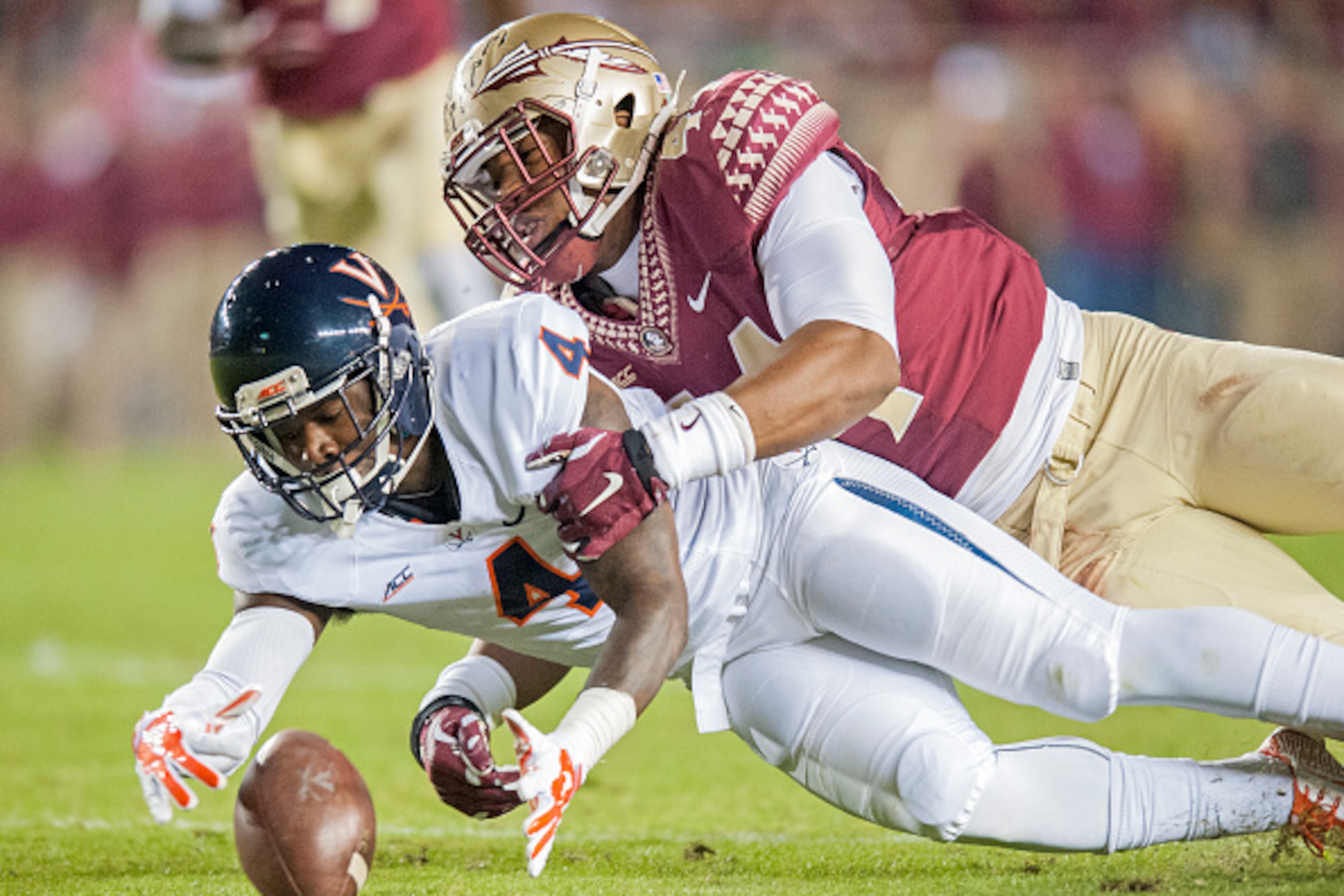 TALLAHASSEE, FL - NOVEMBER 8: Taquan Mizzell #4 of the Virginia Cavaliers and DeMarcus Walker #44 of the Florida State Seminoles go after a fumbled ball during the first half at Doak Campbell Stadium on November 8, 2014 in Tallahassee, Florida. (Photo by 