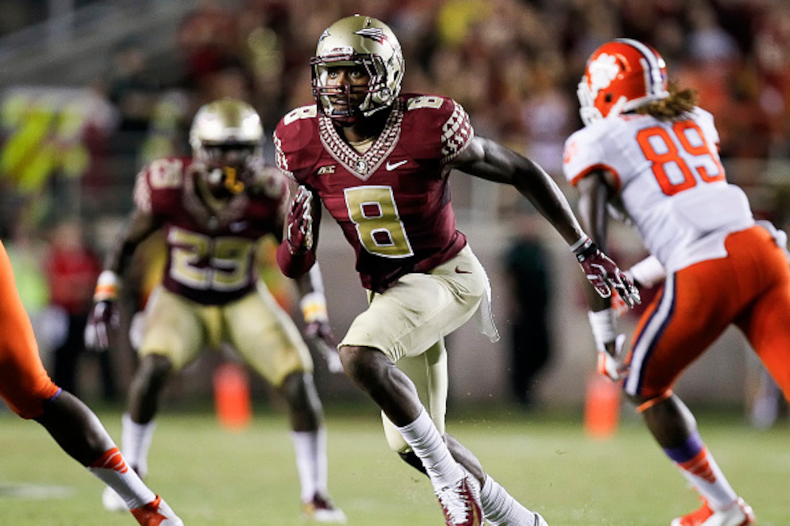 TALLAHASSEE, FL - SEPTEMBER 20: Defensive Back Jalen Ramsey #8 of the Florida State Seminoles during the game against the Clemson Tigers at Doak Campbell Stadium on Bobby Bowden Field on September 20, 2014 in Tallahassee, Florida. The #1 ranked Florida St