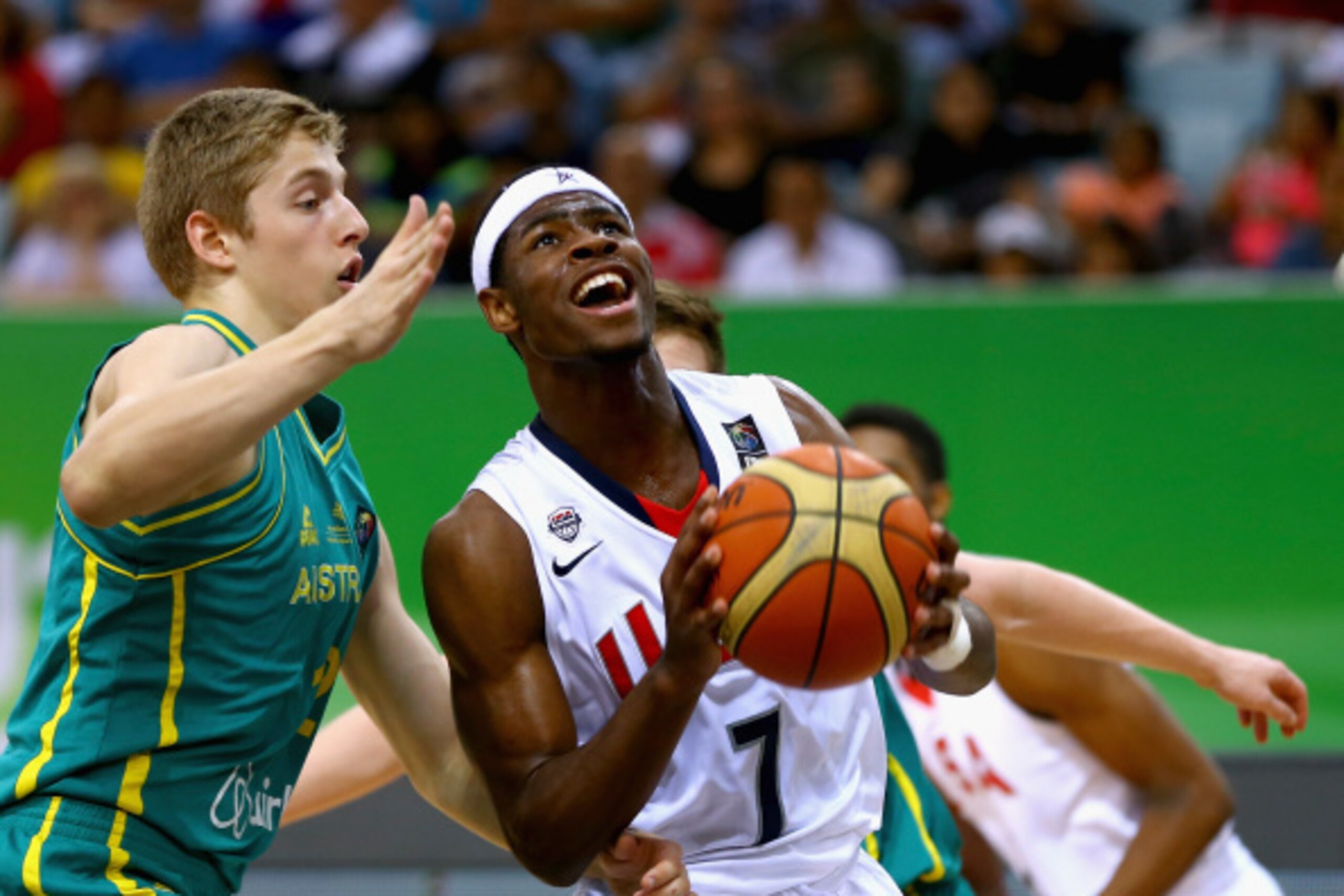 DUBAI, UNITED ARAB EMIRATES - AUGUST 16:  Malik Newman of the United States drives the ball forward during the FIBA U17 World Championships Final match between Australia and the United States of America at the Hamdan Sports Complex on August 16, 2014 in D