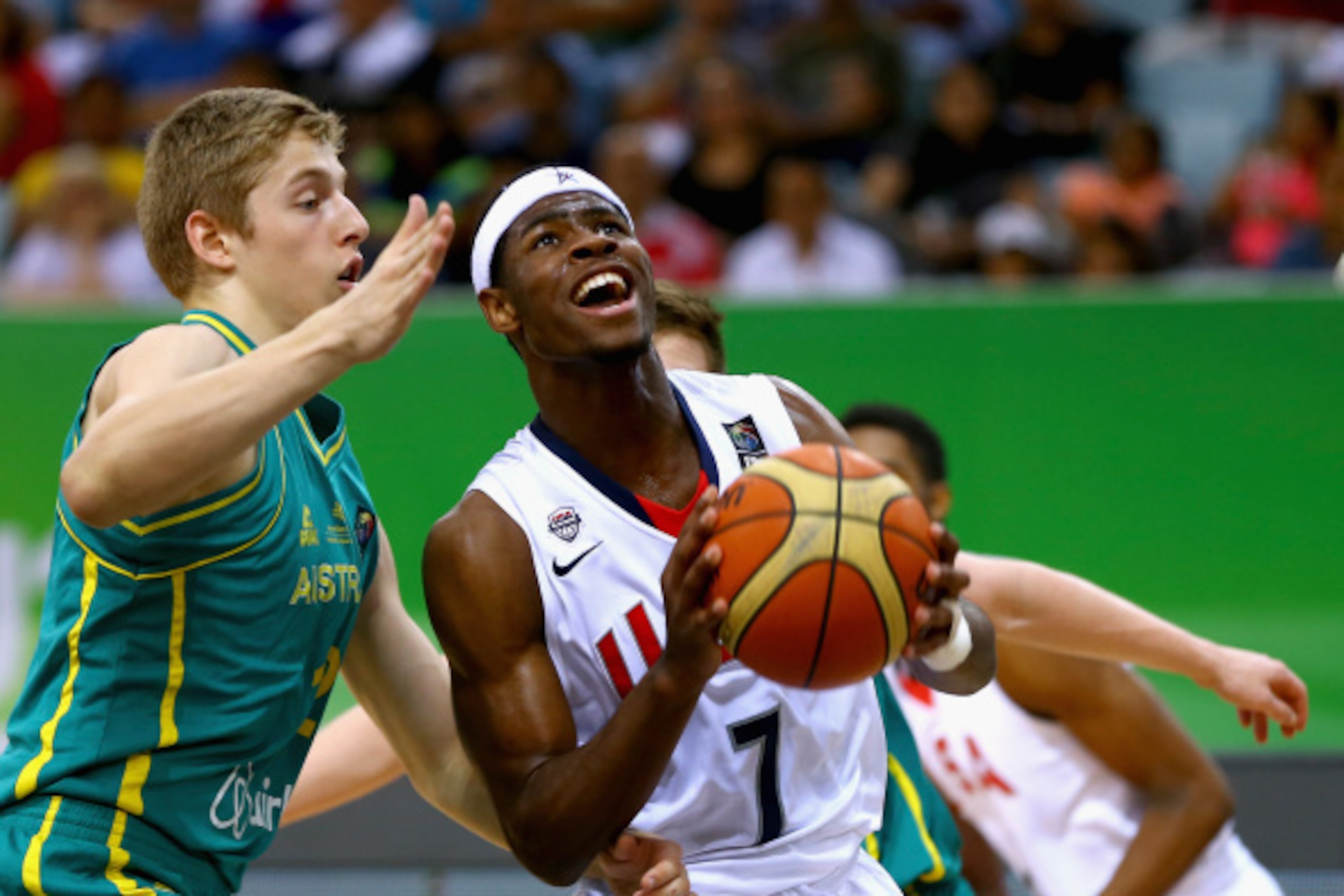 DUBAI, UNITED ARAB EMIRATES - AUGUST 16:  Malik Newman of the United States drives the ball forward during the FIBA U17 World Championships Final match between Australia and the United States of America at the Hamdan Sports Complex on August 16, 2014 in D