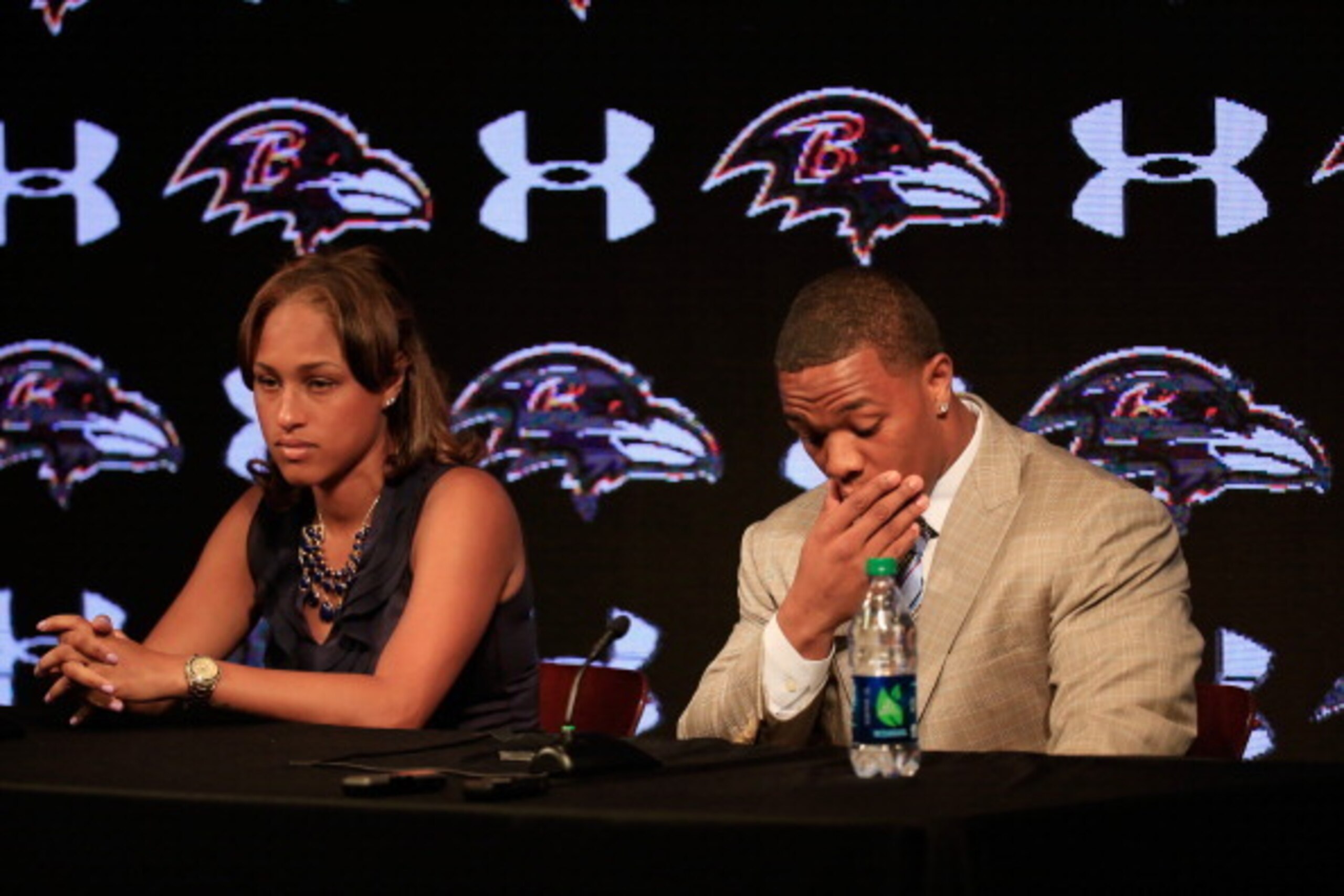OWINGS MILLS, MD - MAY 23: Running back Ray Rice of the Baltimore Ravens pauses while addressing a news conference with his wife Janay at the Ravens training center on May 23, 2014 in Owings Mills, Maryland. Rice spoke publicly for the first time since f OWINGS MILLS, MD - MAY 23: Running back Ray Rice of the Baltimore Ravens pauses while addressing a news conference with his wife Janay at the Ravens training center on May 23, 2014 in Owings Mills, Maryland. Rice spoke publicly for the first time since f