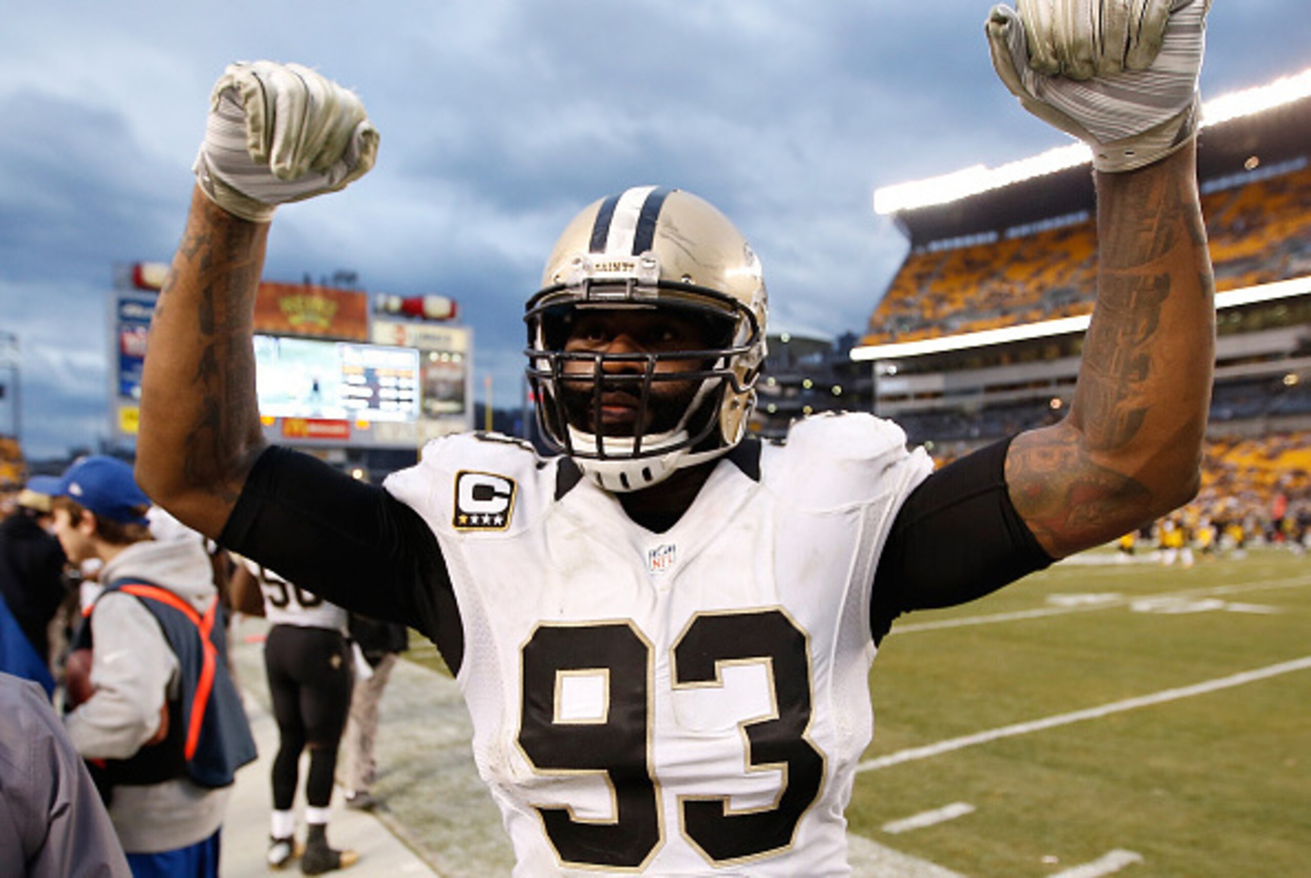 PITTSBURGH, PA - NOVEMBER 30: Junior Galette #93 of the New Orleans Saints celebrates a 35-32 win over the Pittsburgh Steelers at Heinz Field on November 30, 2014 in Pittsburgh, Pennsylvania. (Photo by Gregory Shamus/Getty Images) PITTSBURGH, PA - NOVEMBER 30: Junior Galette #93 of the New Orleans Saints celebrates a 35-32 win over the Pittsburgh Steelers at Heinz Field on November 30, 2014 in Pittsburgh, Pennsylvania. (Photo by Gregory Shamus/Getty Images)