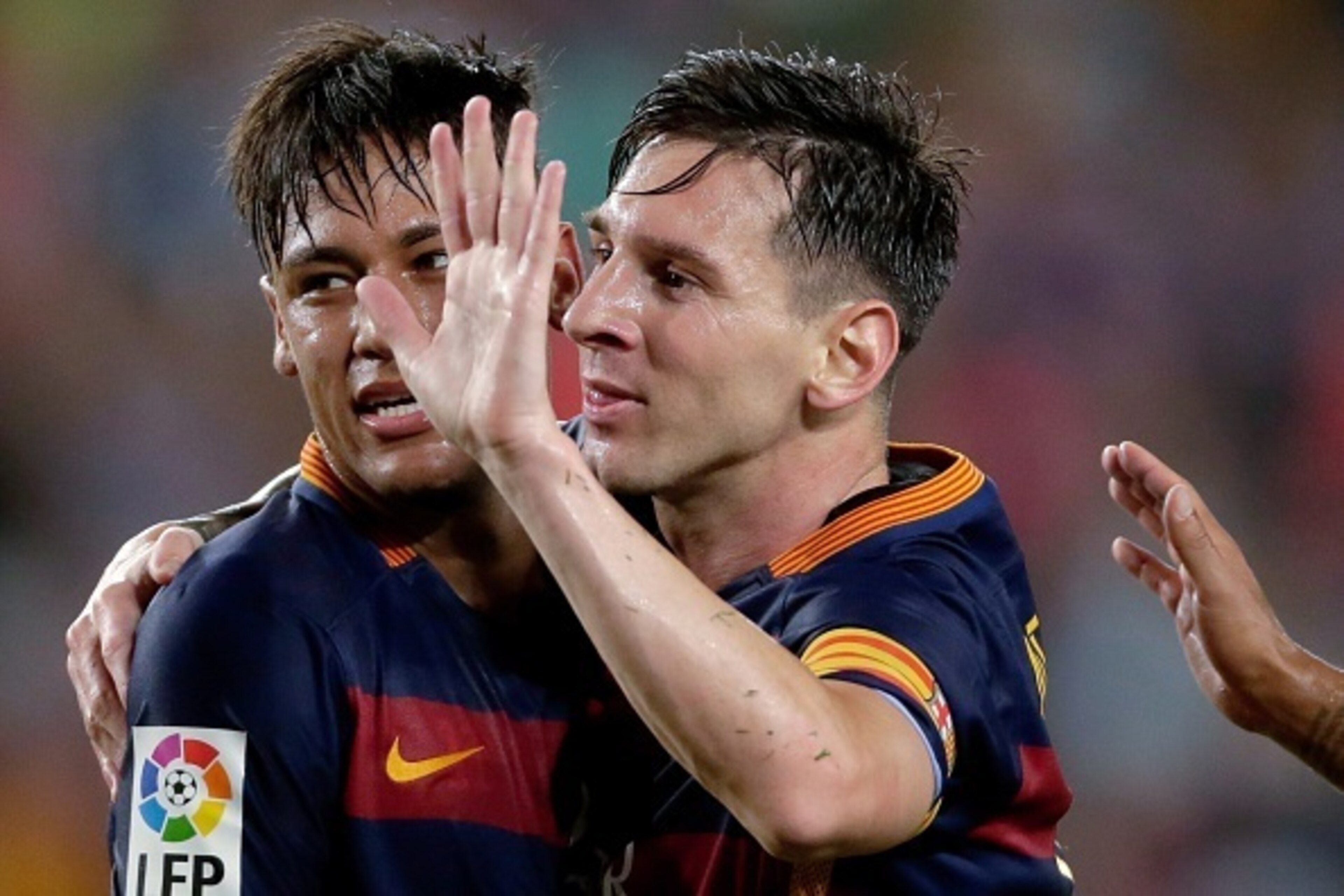 (L-R) Neymar da Silva Santos Junior of FC Barcelona, Lionel Messi of FC Barcelona celebrate the 2-0 against AS Roma during the Joan Gamper Trophy match between FC Barcelona and AS Roma on August 5, 2015 at the Camp Nou stadium in Barcelona, Spain.(Photo b