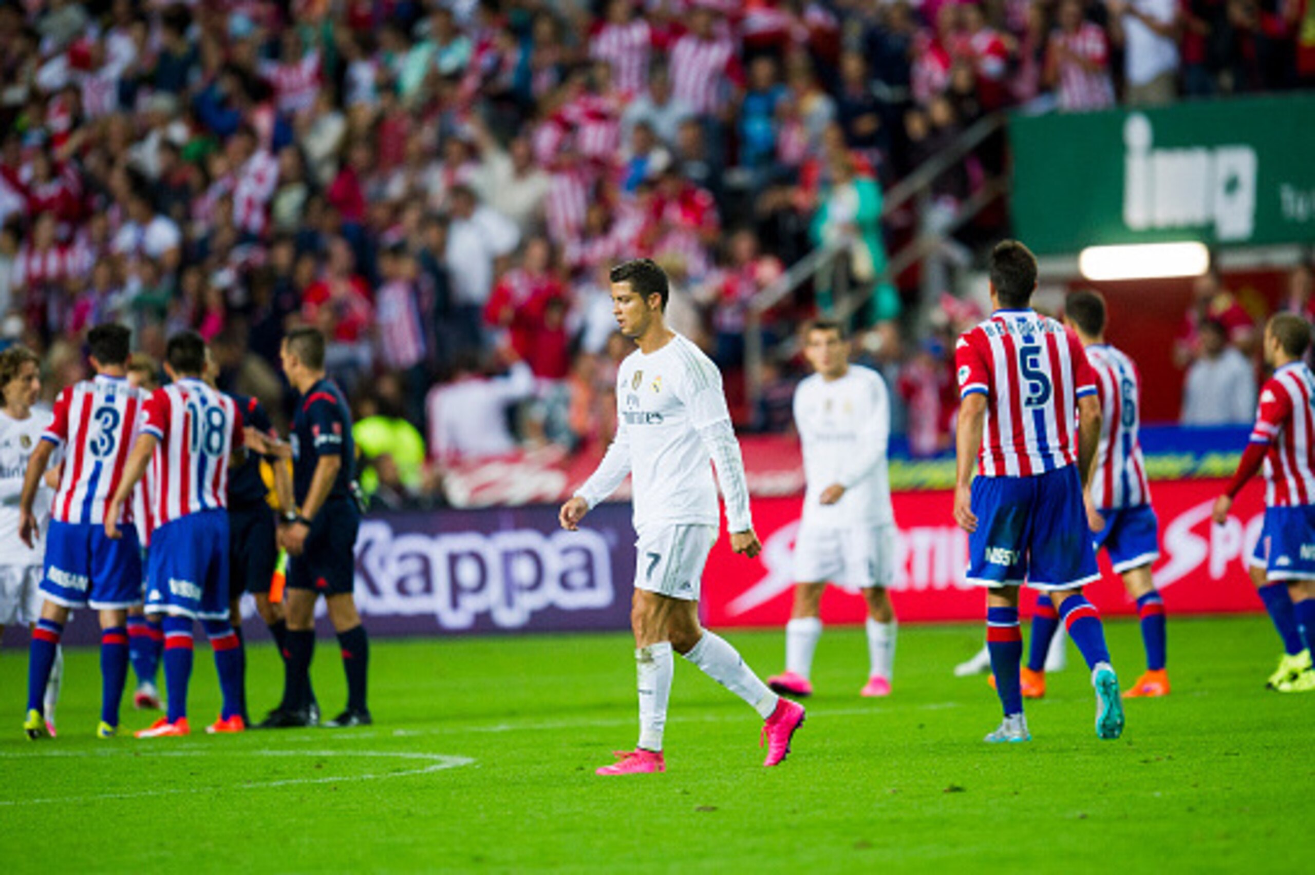 GIJON, SPAIN - AUGUST 23: Cristiano Ronaldo of Real Madrid reacts during the La Liga match between Sporting Gijon and Real Madrid at Estadio El Molinon on August 23, 2015 in Gijon, Spain. (Photo by Juan Manuel Serrano Arce/Getty Images)