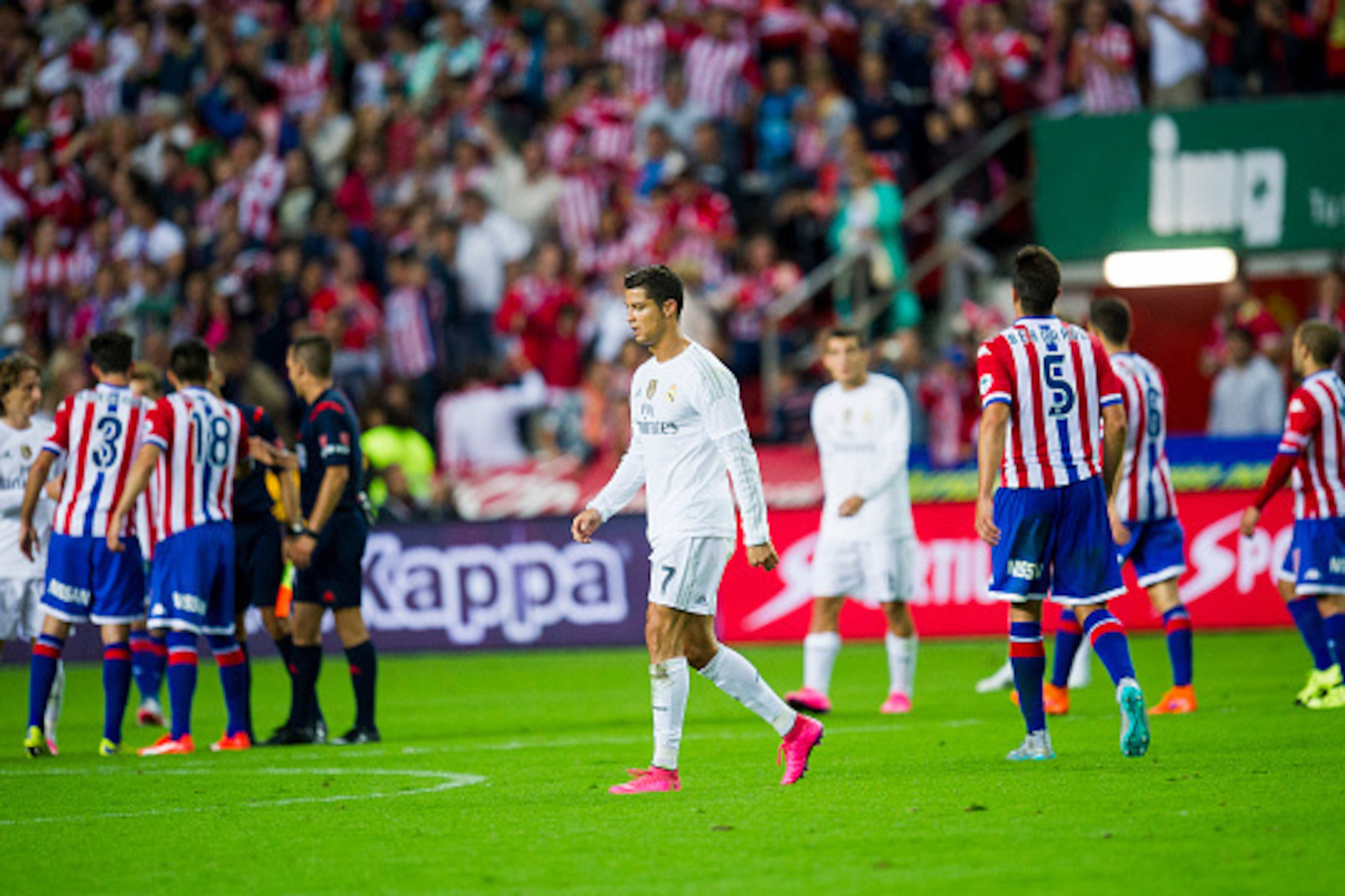 GIJON, SPAIN - AUGUST 23: Cristiano Ronaldo of Real Madrid reacts during the La Liga match between Sporting Gijon and Real Madrid at Estadio El Molinon on August 23, 2015 in Gijon, Spain. (Photo by Juan Manuel Serrano Arce/Getty Images)