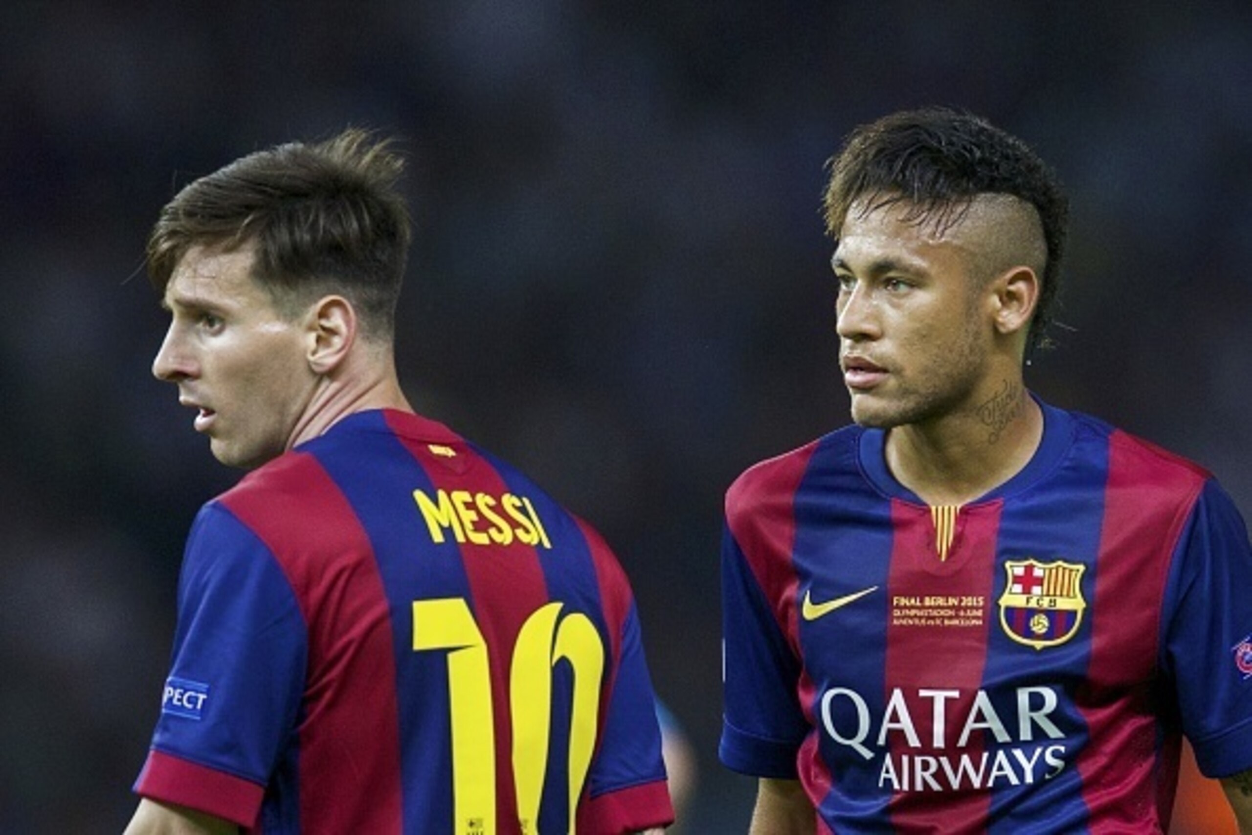 (L-R) Lionel Messi of FC Barcelona, Neymar of FC Barcelona during the UEFA Champions League  final match between Barcelona and Juventus on June 6, 2015 at the Olympic stadium in Berlin, Germany.(Photo by VI Images via Getty Images)