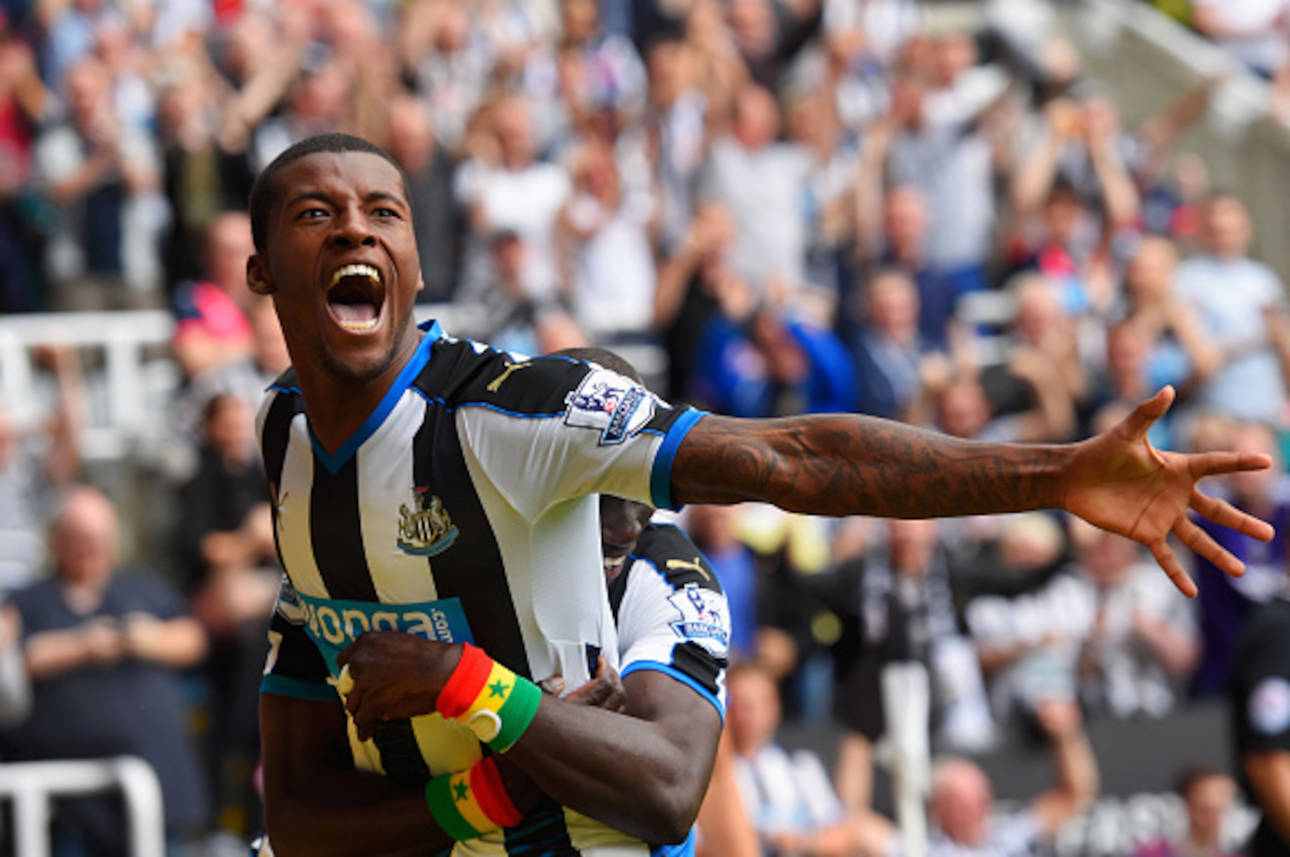 NEWCASTLE UPON TYNE, ENGLAND - AUGUST 09:  Georginio Wijnaldum of Newcastle United celebrates scoring their second goal with Papiss Demba Cisse of Newcastle United during the Barclays Premier League match between Newcastle United and Southampton at St Jam