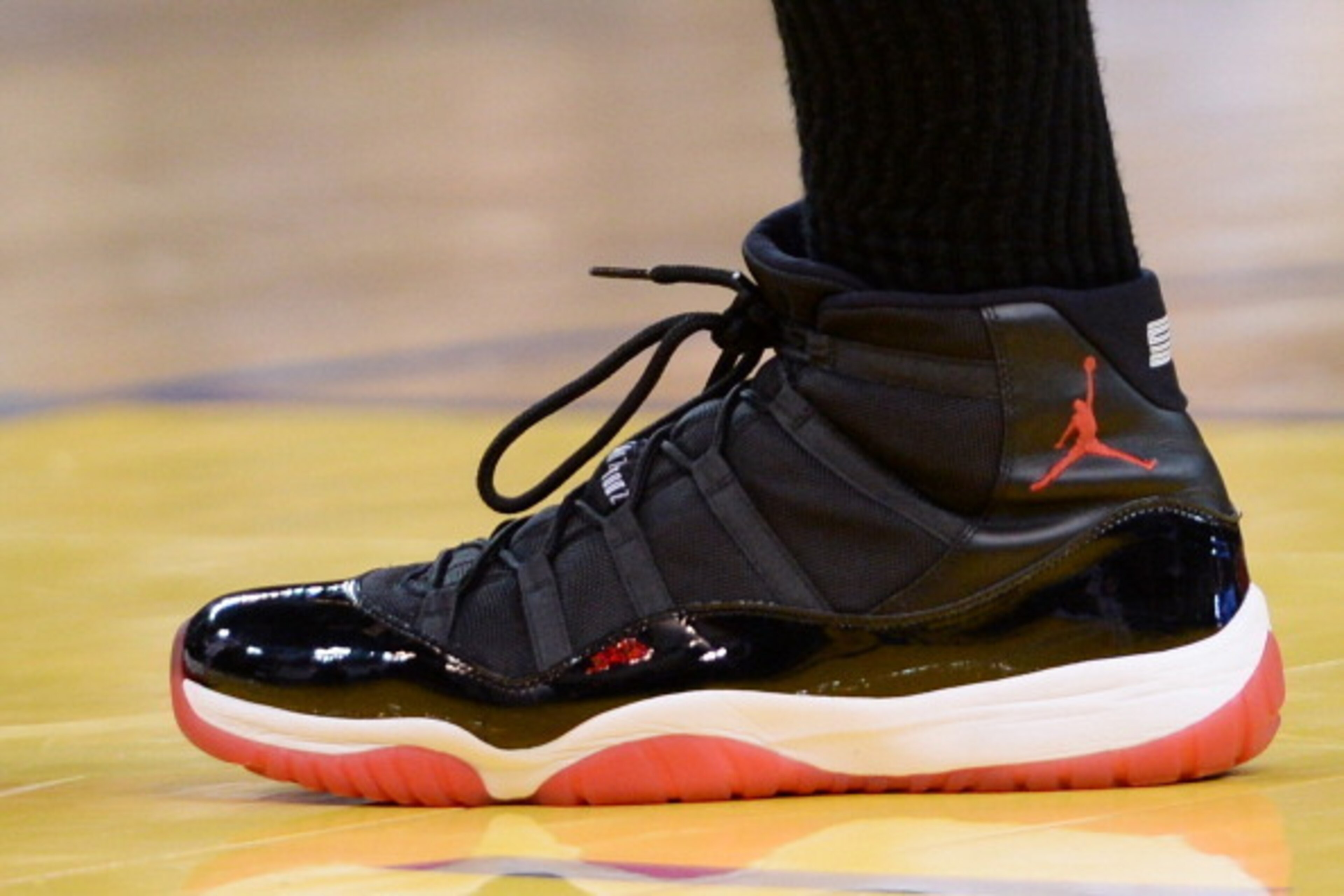 OAKLAND, CA - FEBRUARY 12:  A detailed view of the Nike 'Air Jordan XI's' worn by Michael Beasley #8 of the Miami Heat against the Golden State Warriors at ORACLE Arena on February 12, 2014 in Oakland, California. NOTE TO USER: User expressly acknowledges