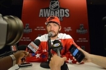 Jun 23, 2015; Las Vegas, NV, USA; Washington Capitols left wing Alex Ovechkin talks to media during a press conference in advance of the 2015 NHL Awards at MGM Grand. Mandatory Credit: Jake Roth-USA TODAY Sports