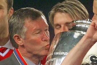Sir Alex Ferguson celebrates winning the Champions League in 1999