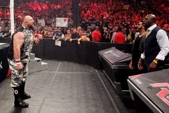 The Dudley Boyz and The Prime Time Players bark at each other.