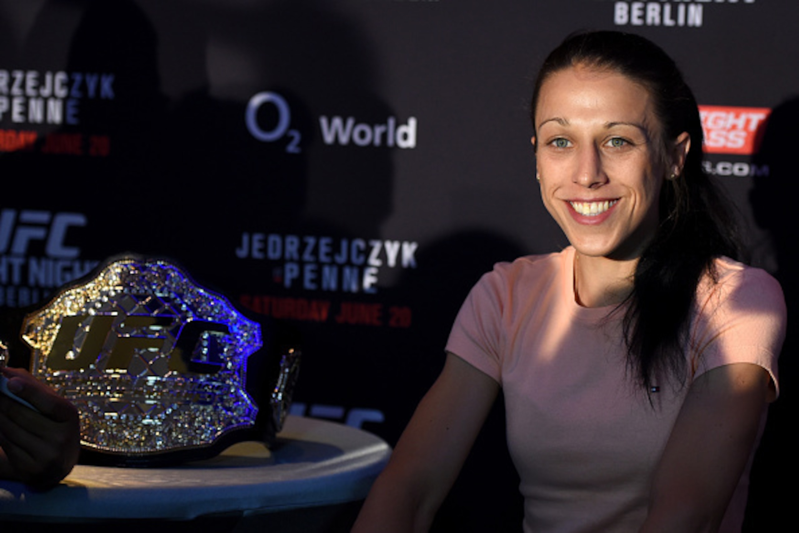 BERLIN, GERMANY - JUNE 18:   UFC women's strawweight champion Joanna Jedrzejczyk of Poland interacts with media during the UFC Berlin Ultimate Media Day at the O2 World on June 18, 2015 in Berlin, Germany. (Photo by Josh Hedges/Zuffa LLC/Zuffa LLC via Get
