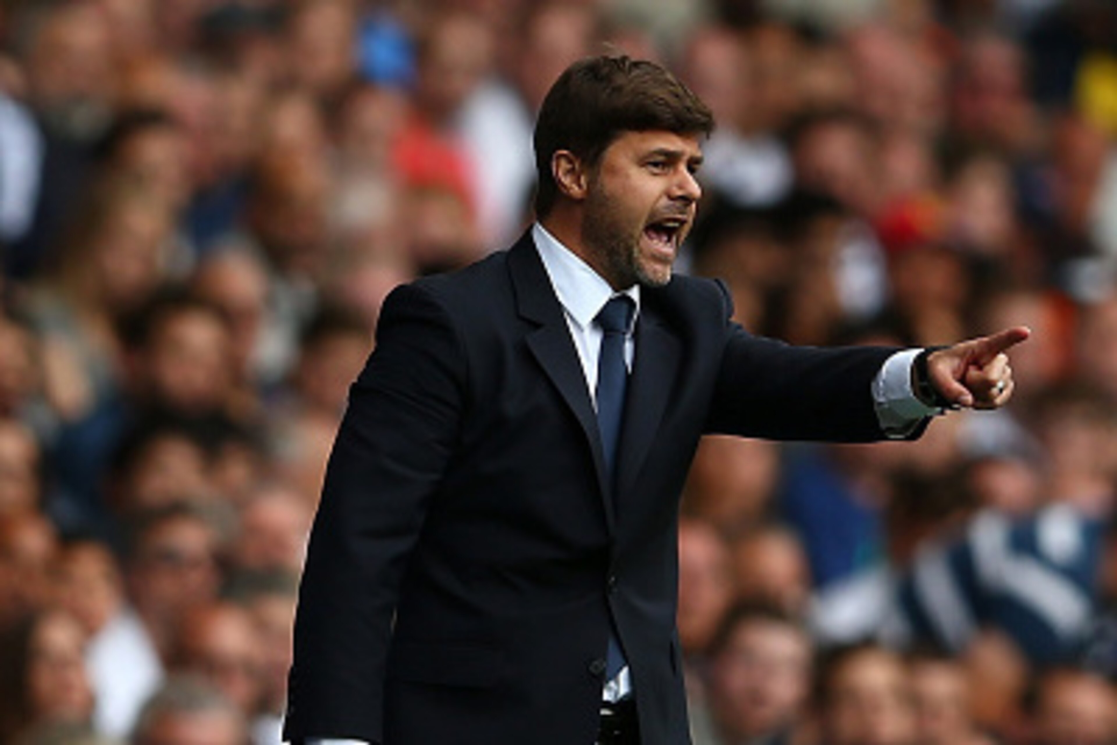 LONDON, ENGLAND - AUGUST 15:  Mauricio Pochettino, Manager of Tottenham Hotspur reacts during the Barclays Premier League match between Tottenham Hotspur and Stoke City on August 15, 2015 in London, United Kingdom.  (Photo by Dan Mullan/Getty Images)