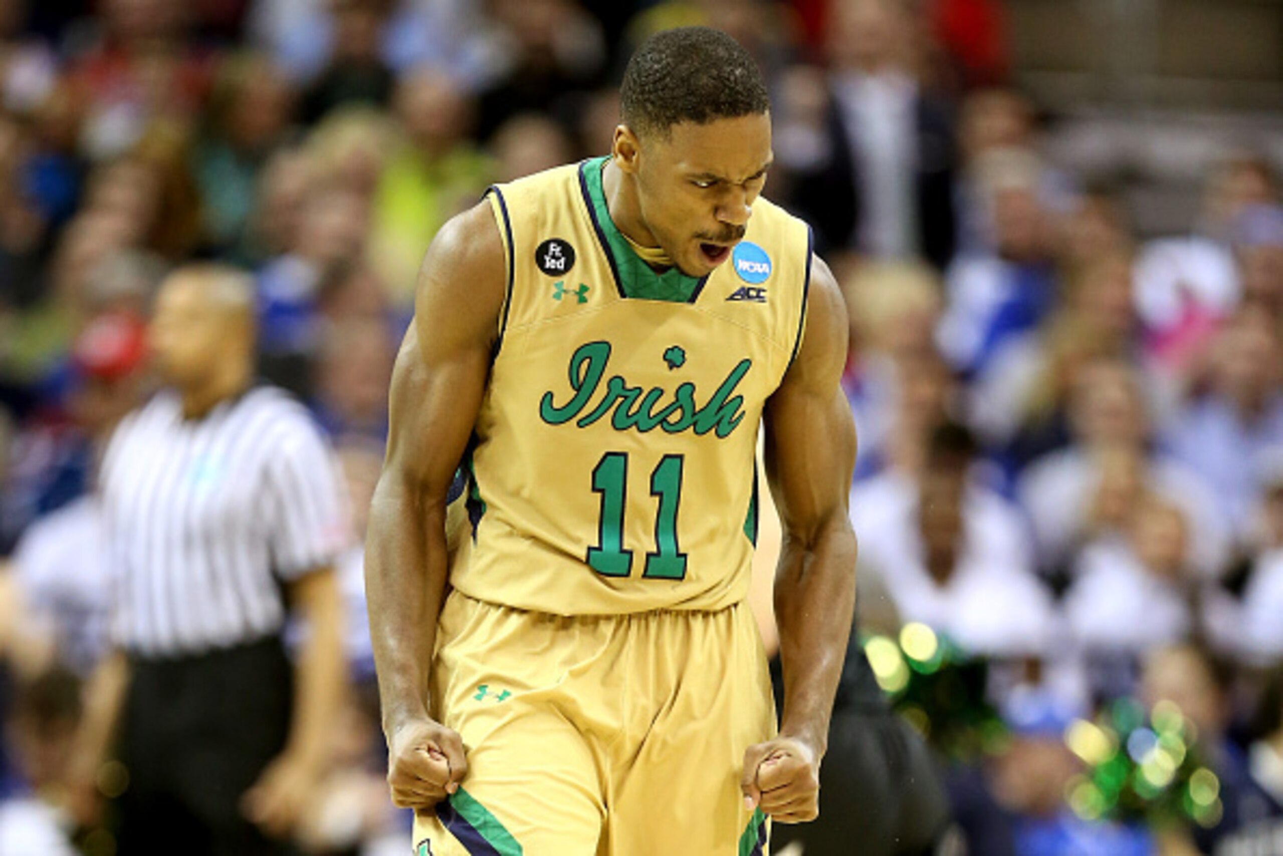 CLEVELAND, OH - MARCH 26:  Demetrius Jackson #11 of the Notre Dame Fighting Irish reacts after a play in the second half against the Wichita State Shockers during the Midwest Regional semifinal of the 2015 NCAA Men's Basketball Tournament at Quicken Loans