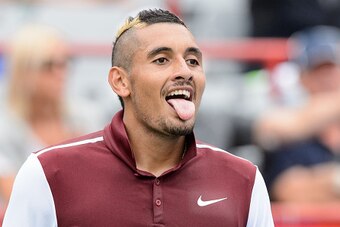 MONTREAL, ON - AUGUST 11:  Nick Kyrgios of Australia reacts during day two of the Rogers Cup against Fernando Verdasco of Spain at Uniprix Stadium on August 11, 2015 in Montreal, Quebec, Canada.  Nick Kyrgios defeated Fernando Verdasco 6-3, 4-6, 6-4. (Pho