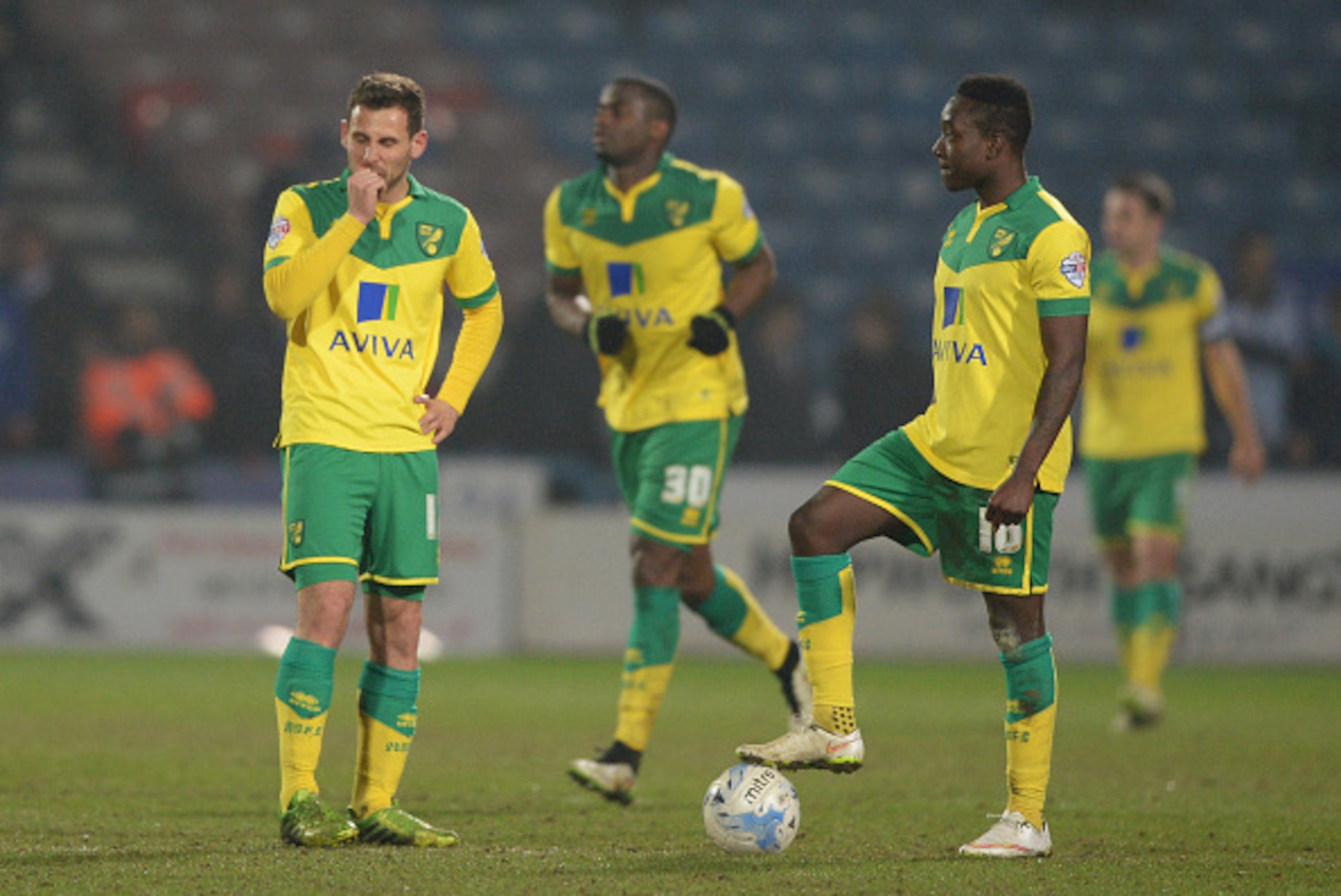 HUDDERSFIELD, ENGLAND - MARCH 17:  Tony Andreu (L) and Jamar Loza of Norwich City (R) look dejected as James Vaughan of Huddersfield Town scores their second goal during the Sky Bet Championship match between Huddersfield Town and Norwich City at John Smi
