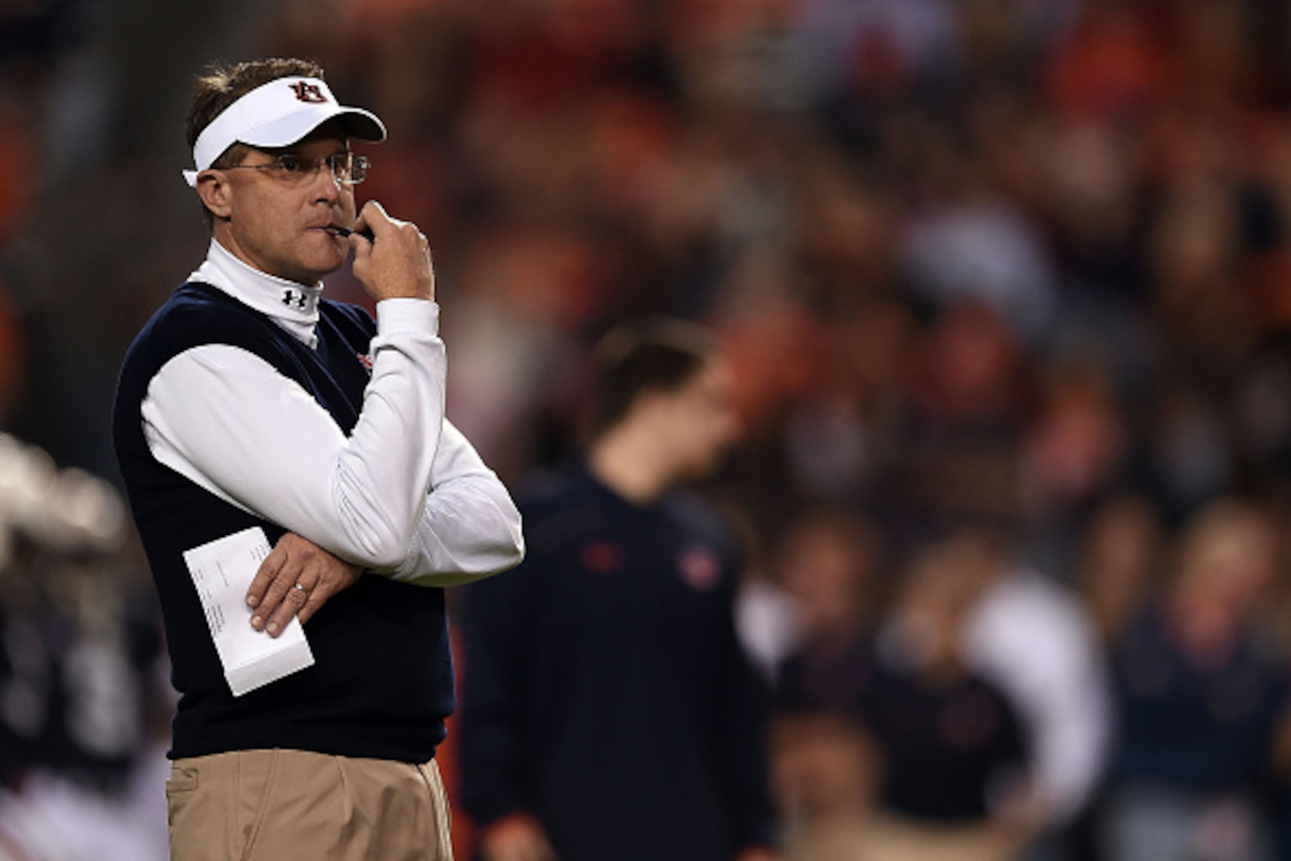 AUBURN, AL - OCTOBER 25:  Head coach Gus Malzahn of the Auburn Tigers watches action during a game against the South Carolina Gamecocks at Jordan Hare Stadium on October 25, 2014 in Auburn, Alabama.  Auburn won the game 42-35.  (Photo by Stacy Revere/Gett