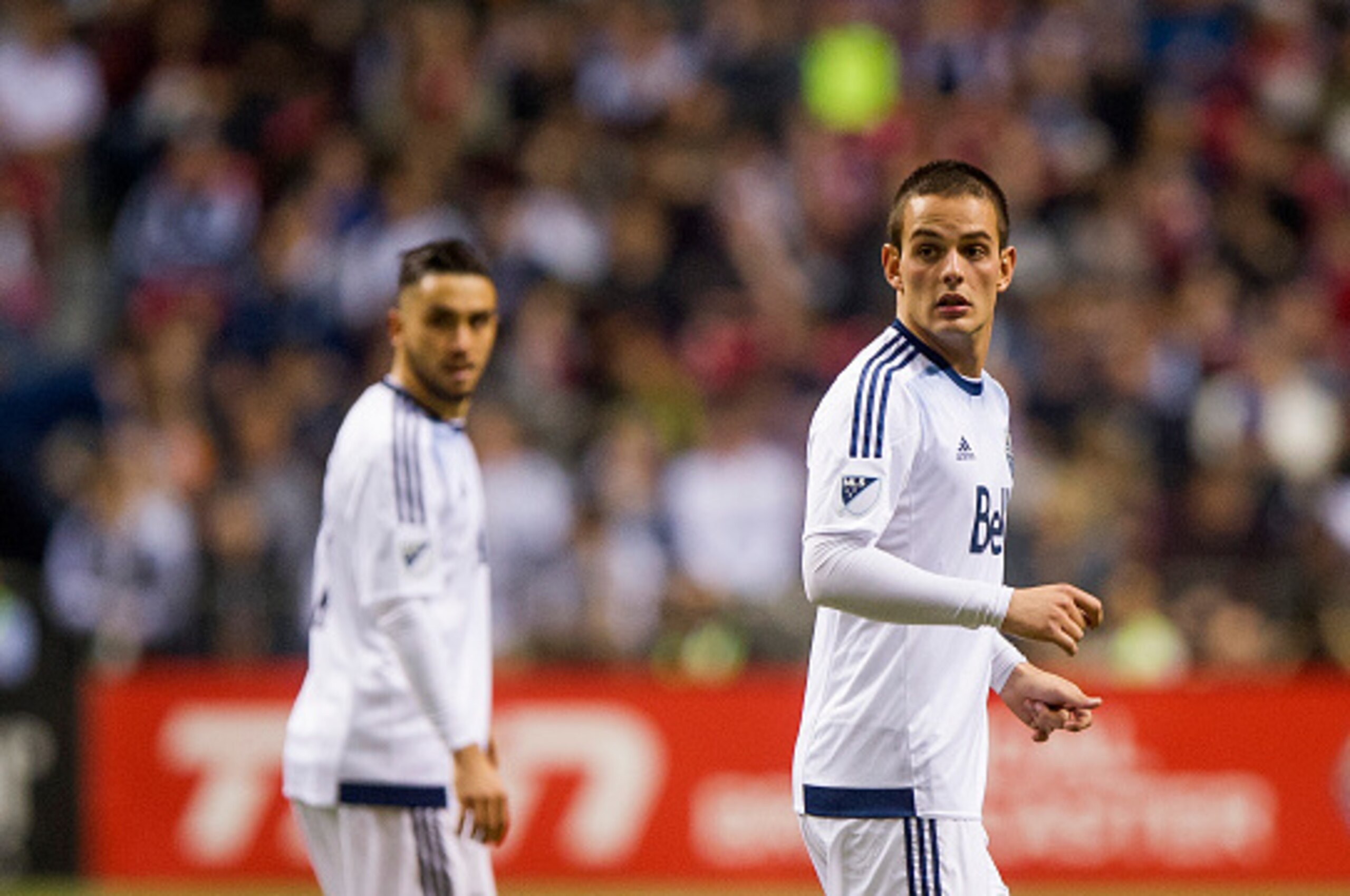 VANCOUVER, BC - MARCH 28: Octavio Rivero #29 of the Vancouver Whitecaps FC and Pedro Morales #77 in MLS action against the Portland Timbers on March 28, 2015 at BC Place Stadium in Vancouver, British Columbia, Canada.  (Photo by Rich Lam/Getty Images)