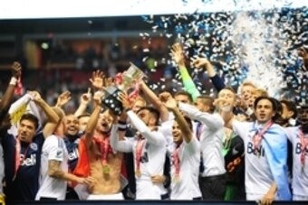 Aug 26, 2015; Vancouver, British Columbia, Canada; The Vancouver Whitecaps celebrate the win over the Montreal Impact during the second half at BC Place. The Vancouver Whitecaps won 2-0. Mandatory Credit: Anne-Marie Sorvin-USA TODAY Sports