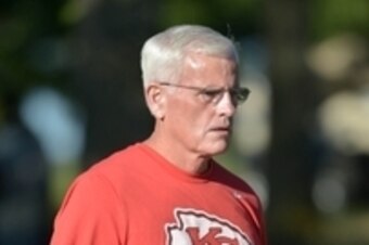 Aug 11, 2015; St. Joseph, MO, USA; Kansas City Chiefs defensive coordinator Bob Sutton walks to the field before the start of training camp at Missouri Western State University. Mandatory Credit: Denny Medley-USA TODAY Sports