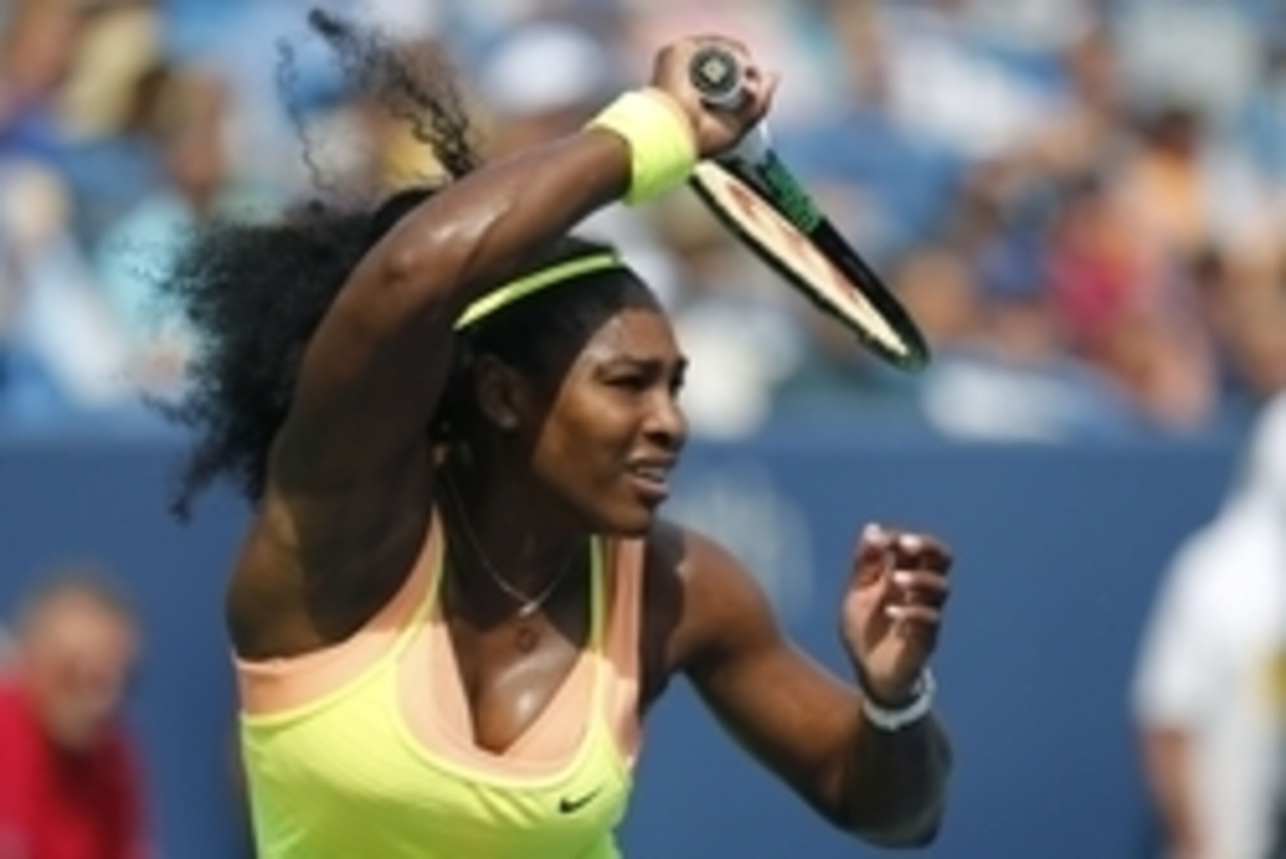 Aug 23, 2015; Cincinnati, OH, USA; Serena Williams (USA) returns a shot against Simona Halep (not pictured) in the finals during the Western and Southern Open tennis tournament at the Linder Family Tennis Center. Mandatory Credit: Aaron Doster-USA TODAY S
