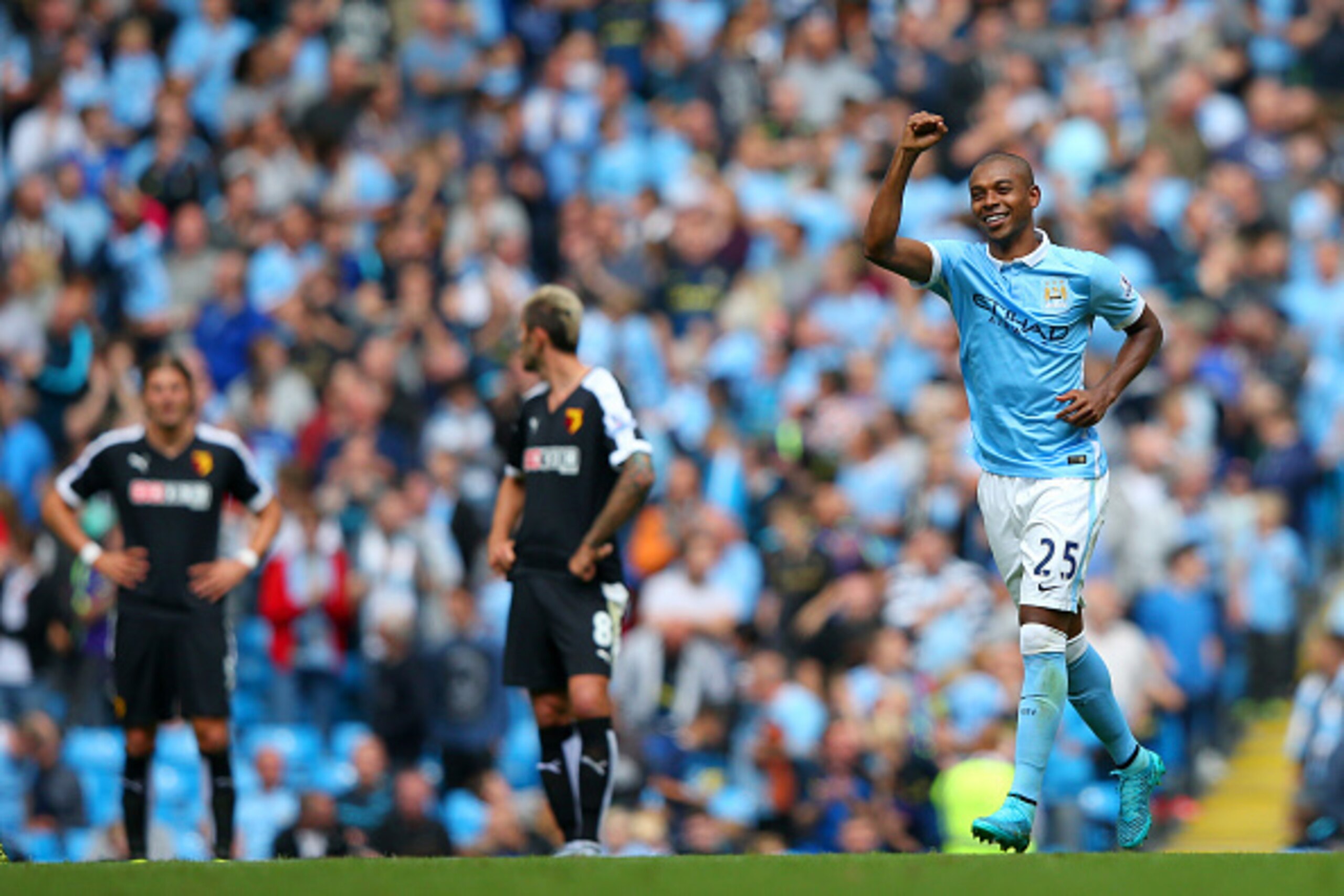 MANCHESTER, ENGLAND - AUGUST 29:  Fernandinho of Manchester City celebrates scoring his team's second goal during the Barclays Premier League match between Manchester City and Watford at Etihad Stadium on August 29, 2015 in Manchester, England.  (Photo by