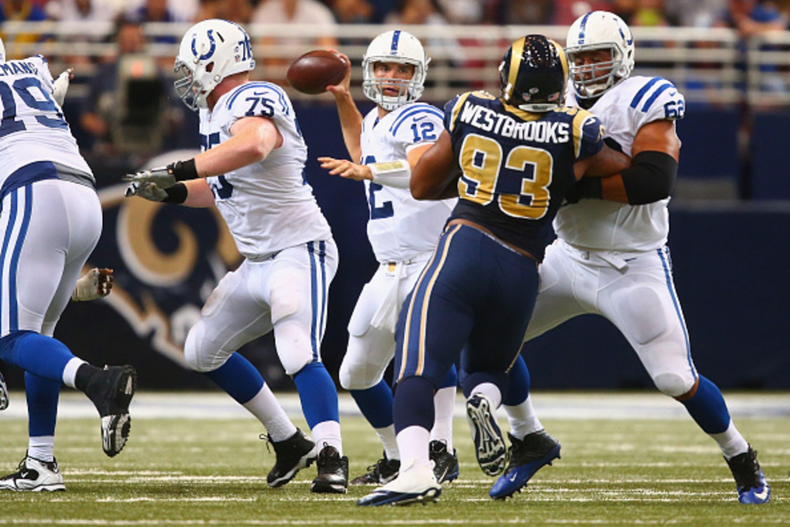 ST. LOUIS, MO - AUGUST 29: Andrew Luck #12 of the Indianapolis Colts passes against the St. Louis Rams in the second quarter during a preseason game at the Edward Jones Dome on August 29, 2014 in St. Louis, Missouri.  (Photo by Dilip Vishwanat/Getty Image