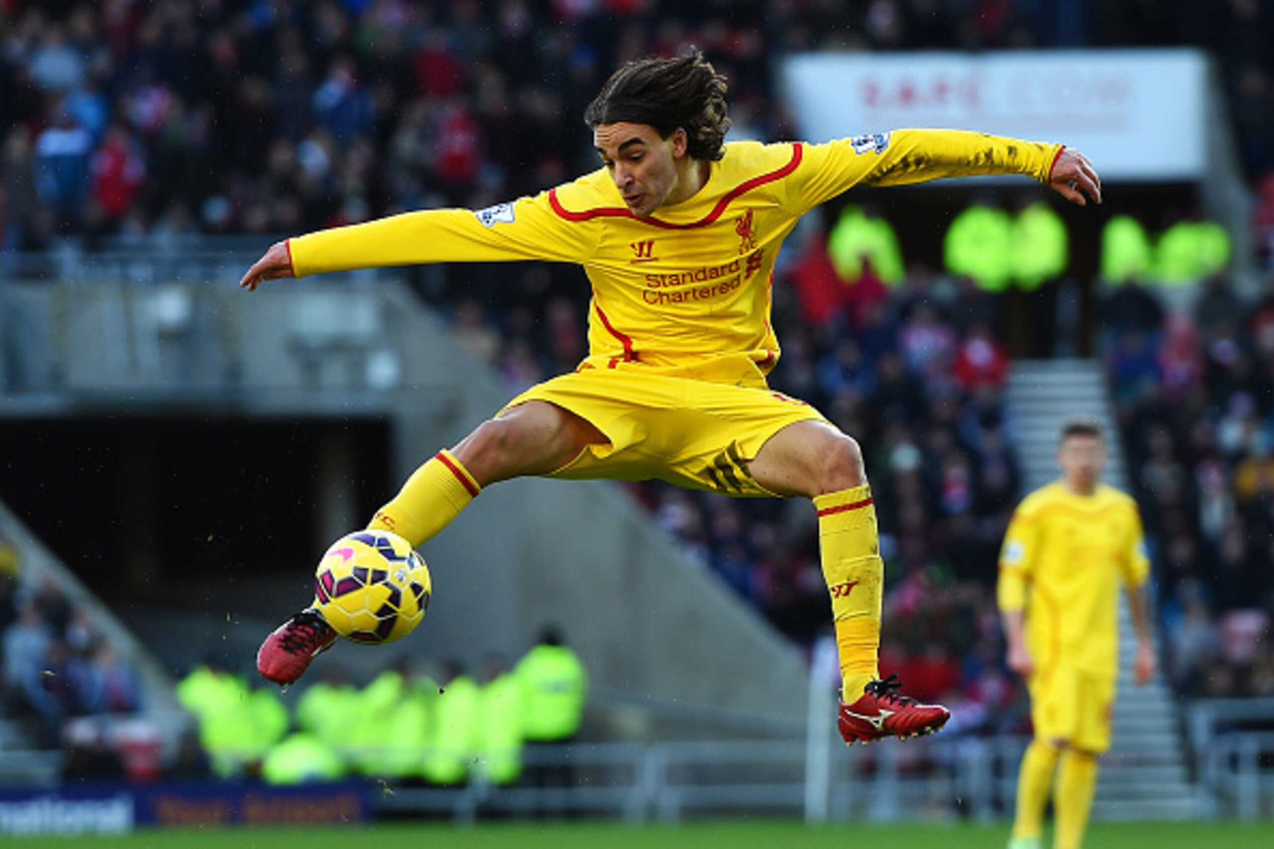 SUNDERLAND, ENGLAND - JANUARY 10:  Lazar Markovic of Liverpool strikes a volley onto the crossbar during the Barclays Premier League match between Sunderland and Liverpool at Stadium of Light on January 10, 2015 in Sunderland, England.  (Photo by Michael 