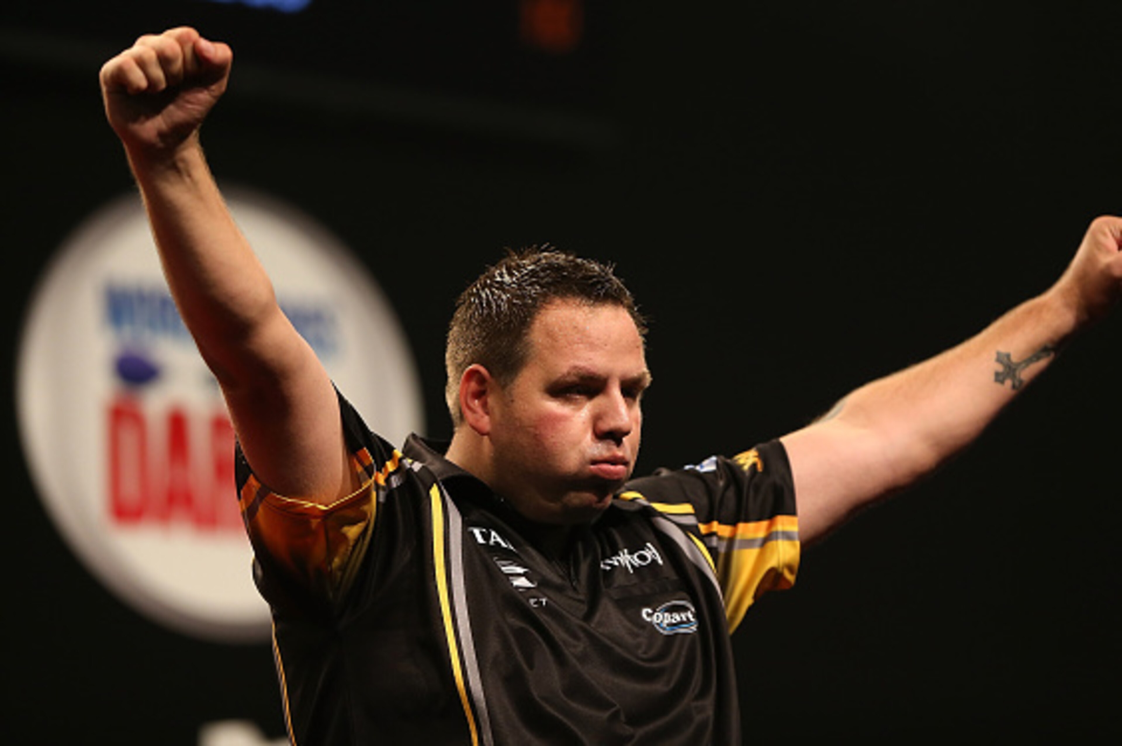 AUCKLAND, NEW ZEALAND - AUGUST 30:  Adrian Lewis reacts during the Auckland Darts Masters at The Trusts Arena on August 30, 2015 in Auckland, New Zealand.  (Photo by Michael Bradley/Getty Images)