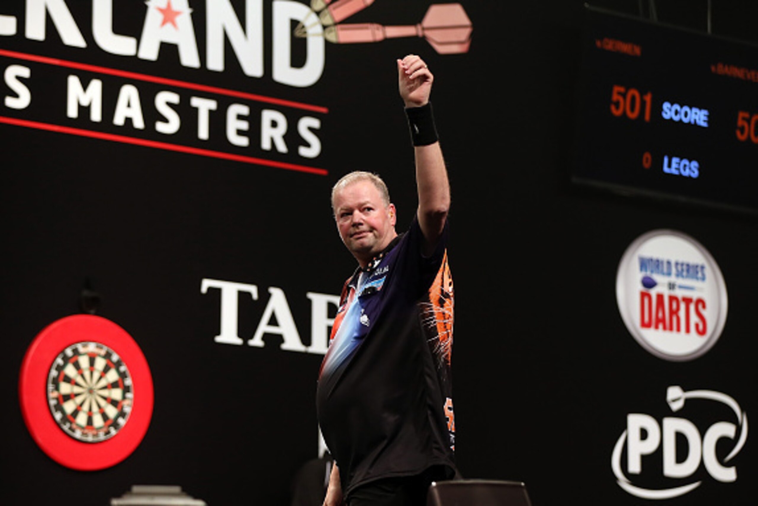 AUCKLAND, NEW ZEALAND - AUGUST 29:  Raymond van Barneveld reacts during the Auckland Darts Masters at The Trusts Arena on August 29, 2015 in Auckland, New Zealand.  (Photo by Michael Bradley/Getty Images)