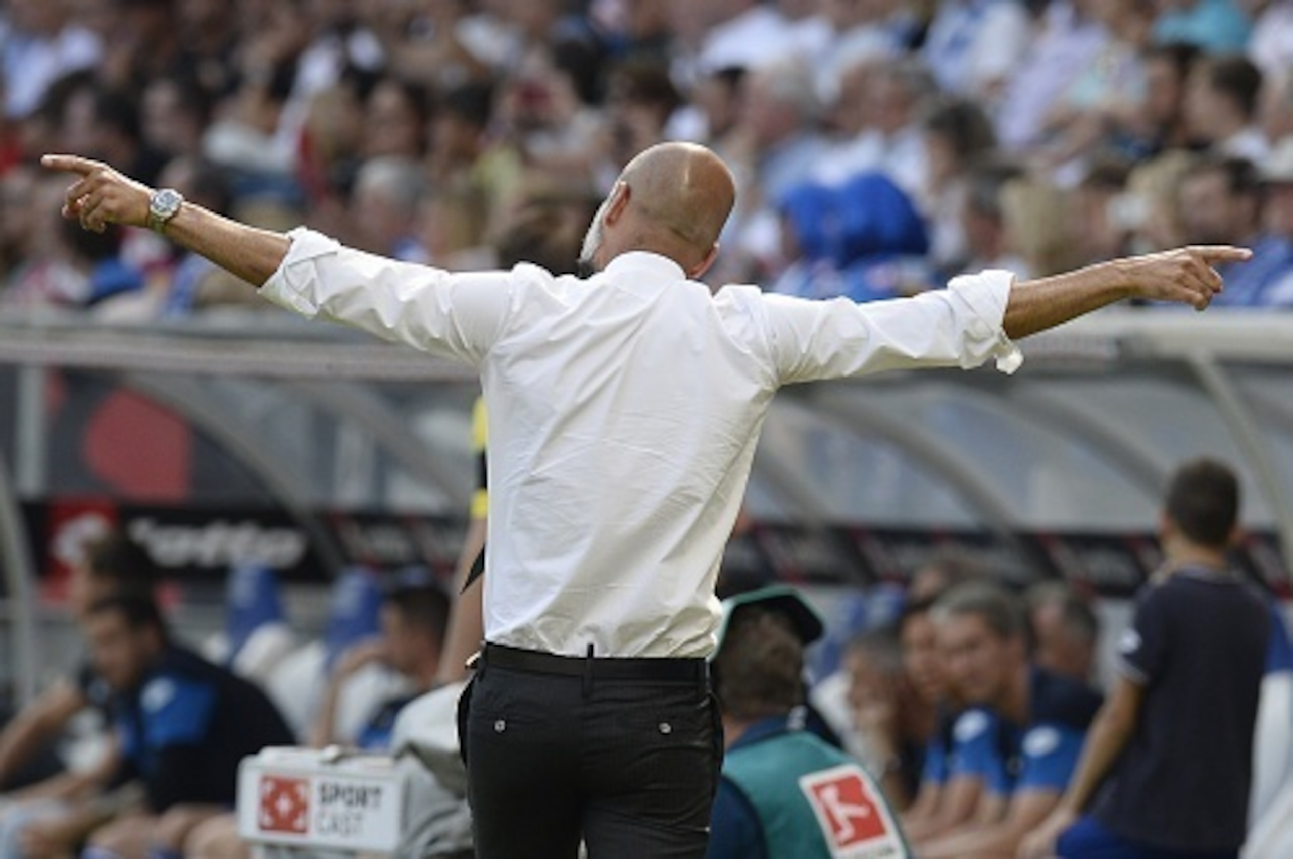 Bayern Munich's Spanish head coach Pep Guardiola reacts during the German first division Bundesliga football match 1899 Hoffenheim vs FC Bayern Munich, on August 22, 2015 in Sinsheim, southwestern Germany.   AFP PHOTO / THOMAS KIENZLE 

RESTRICTIONS: DURI