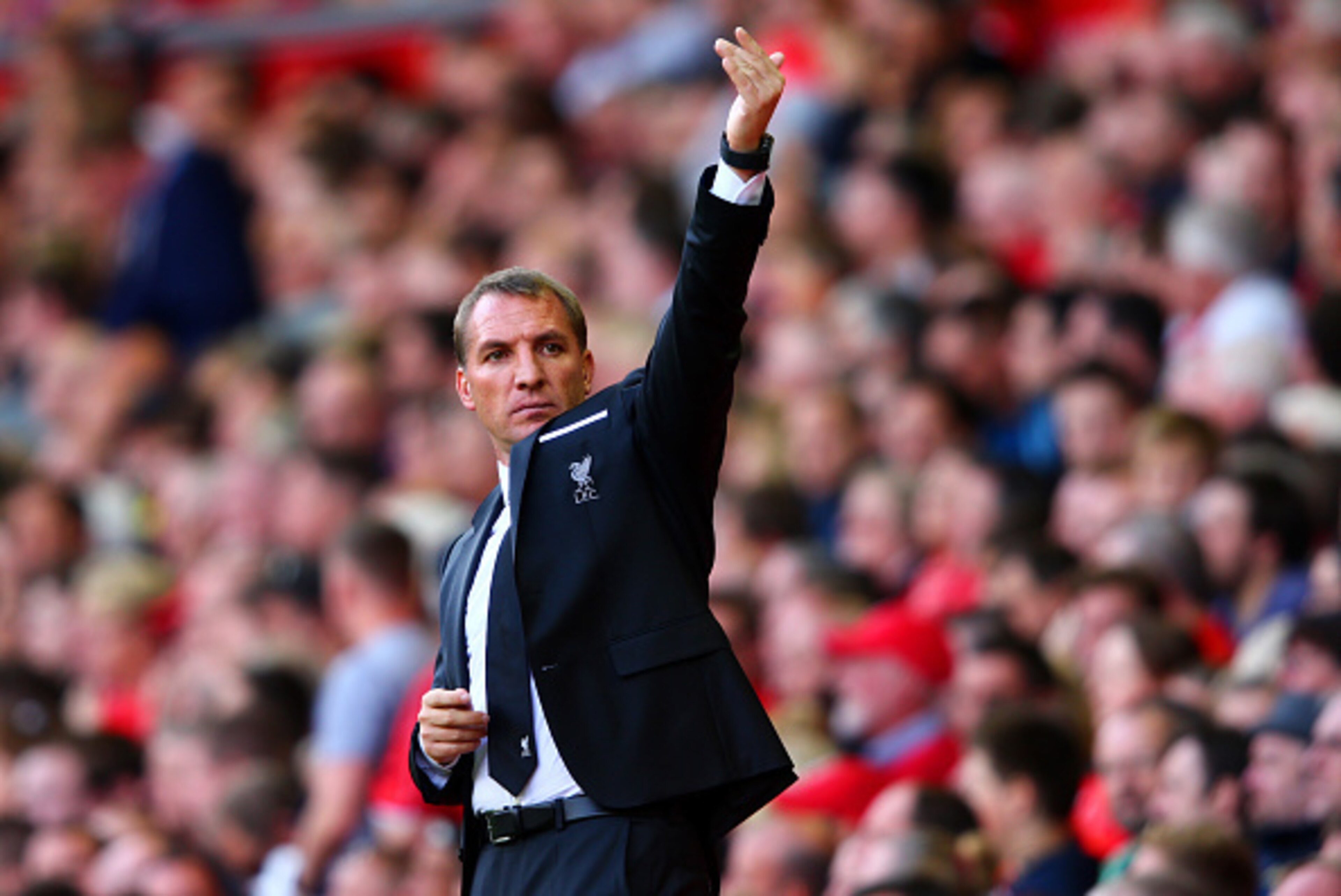 LIVERPOOL, ENGLAND - AUGUST 29:  Brendan Rodgers, manager of Liverpool gesstures during the Barclays Premier League match between Liverpool and West Ham United at Anfield on August 29, 2015 in Liverpool, England.  (Photo by Clive Mason/Getty Images)