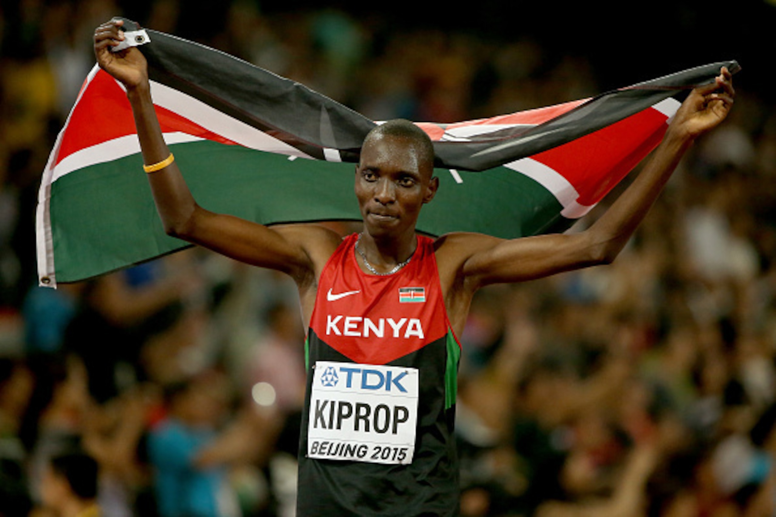 BEIJING, CHINA - AUGUST 30:  Gold medalist Asbel Kiprop of Kenya celebrates after the Men's 1500 metres final during day nine of the 15th IAAF World Athletics Championships Beijing 2015 at Beijing National Stadium on August 30, 2015 in Beijing, China.  (P
