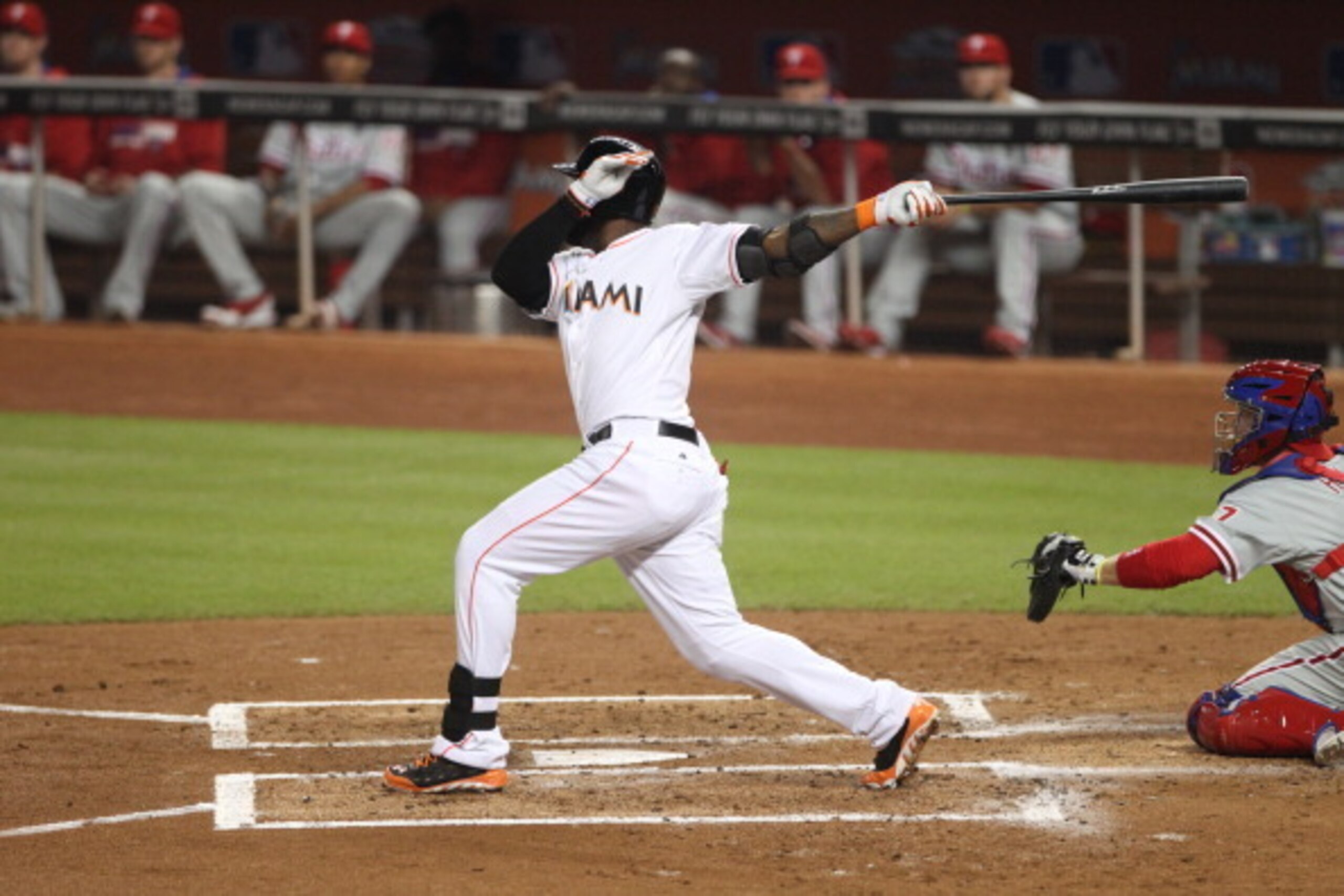 MIAMI, FL - JULY 02:  Marcel Ozuna of the Miami Marlins bats  against the Philadelphia Phillies at Marlins Park on July 2, 2014 in Miami, Florida. The Marlins defeated the Phillies 5-0.  (Photo by Marc Serota/Getty Images)