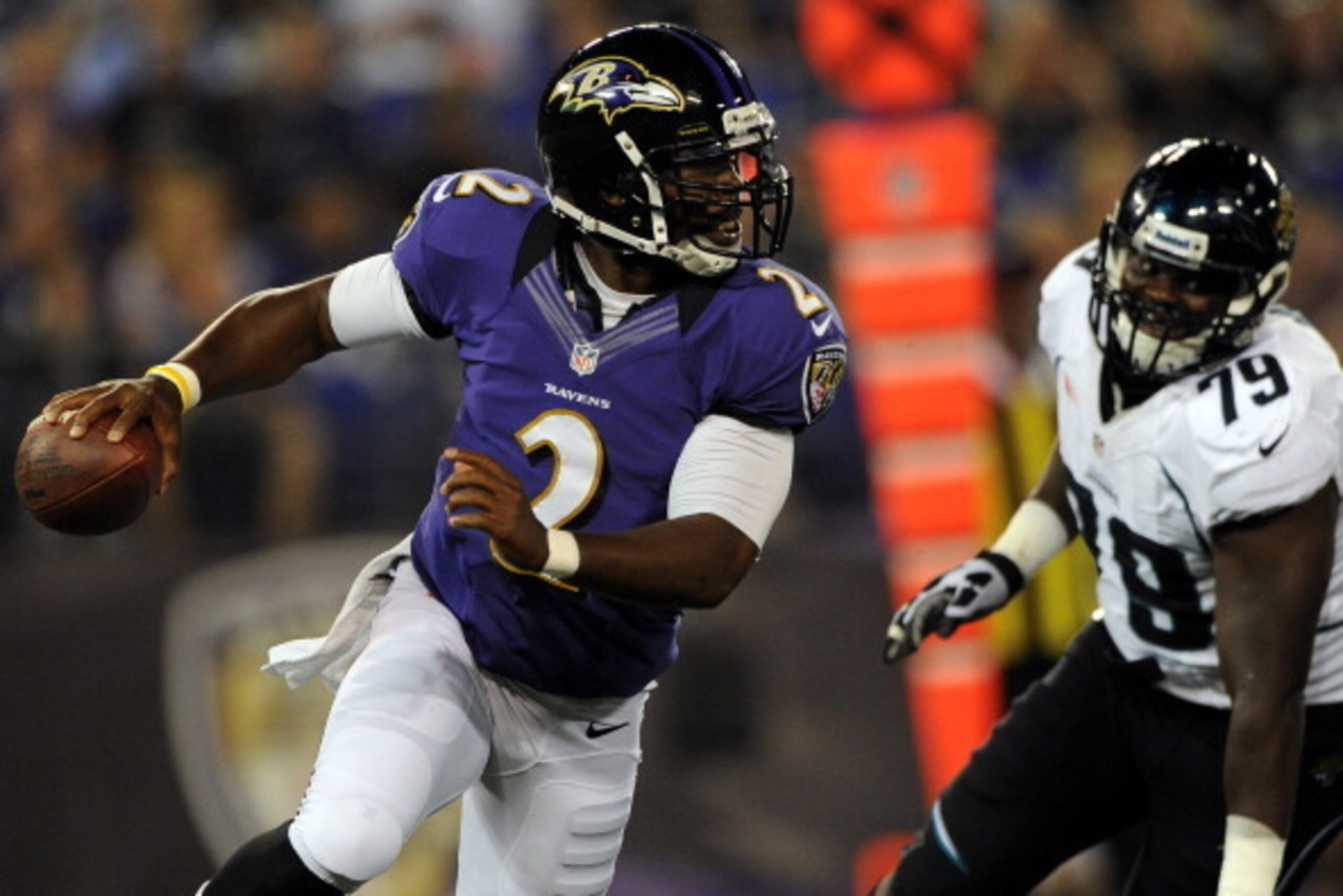 BALTIMORE, MD - AUGUST 23: Quarterback Tyrod Taylor #2 of the Baltimore Ravens rushes against the Jacksonville Jaguars during the preseason game at M&T Bank Stadium on August 23, 2012 in Baltimore, Maryland. The Baltimore Ravens won 48-17. (Photo by Patri