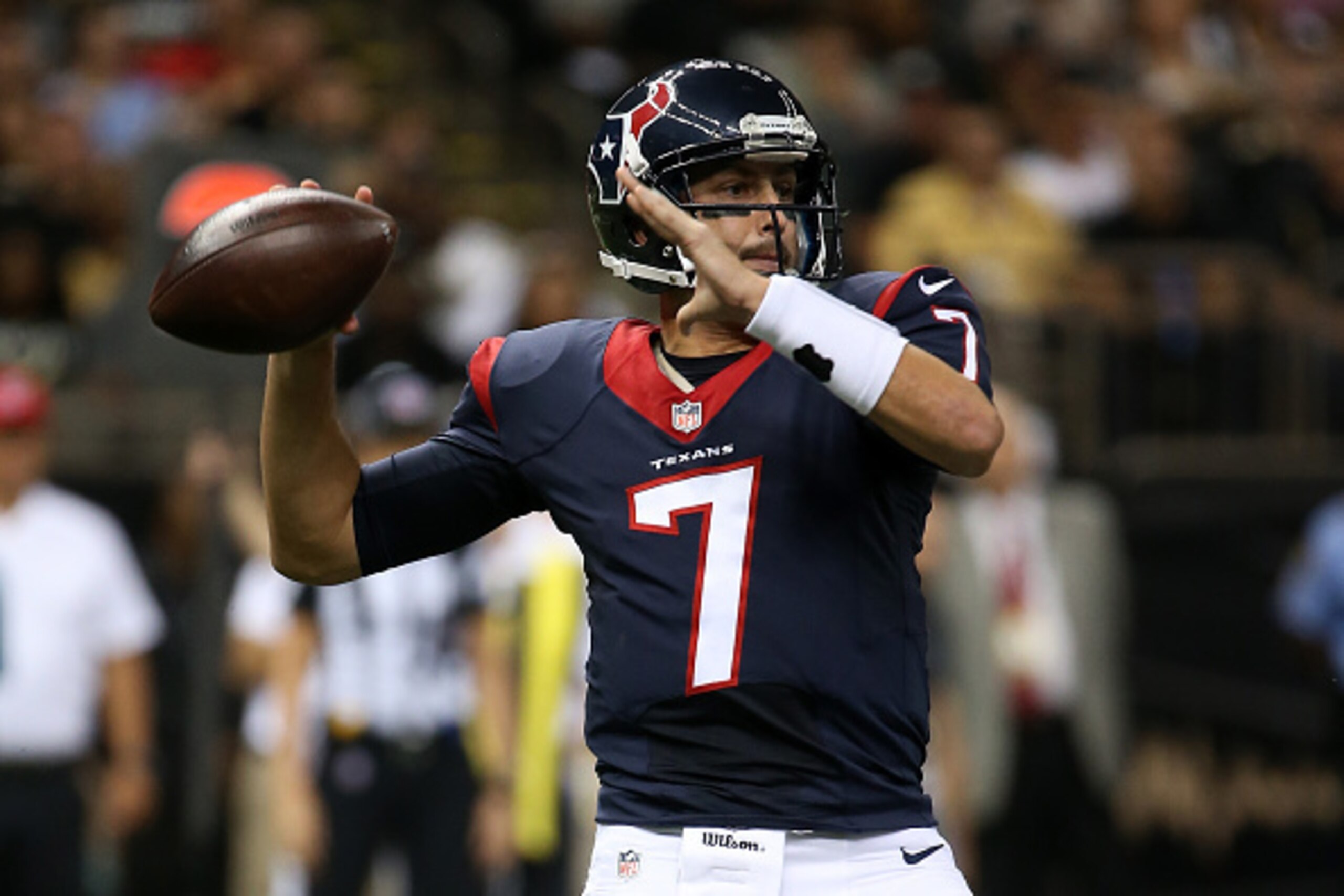 NEW ORLEANS, LA - AUGUST 30:  Brian Hoyer #7 of the Houston Texans throws a pass against the New Orleans Saints at the Mercedes-Benz Superdome on August 30, 2015 in New Orleans, Louisiana.  (Photo by Chris Graythen/Getty Images)