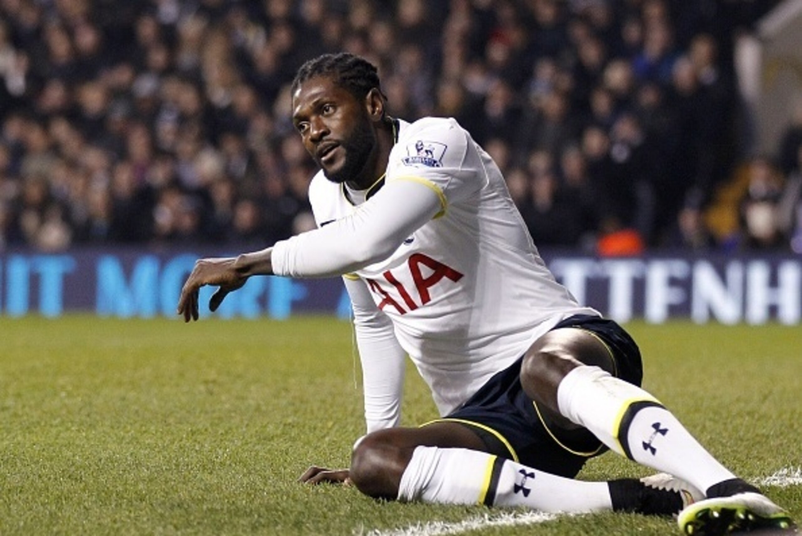Tottenham Hotspur's Togolese striker Emmanuel Adebayor reacts during the FA Cup fourth round football match between Tottenham Hotspur and Leicester City at White Hart Lane in London, on January 24, 2015. AFP PHOTO / IAN KINGTON
== RESTRICTED TO EDITORIAL Tottenham Hotspur's Togolese striker Emmanuel Adebayor reacts during the FA Cup fourth round football match between Tottenham Hotspur and Leicester City at White Hart Lane in London, on January 24, 2015. AFP PHOTO / IAN KINGTON
== RESTRICTED TO EDITORIAL