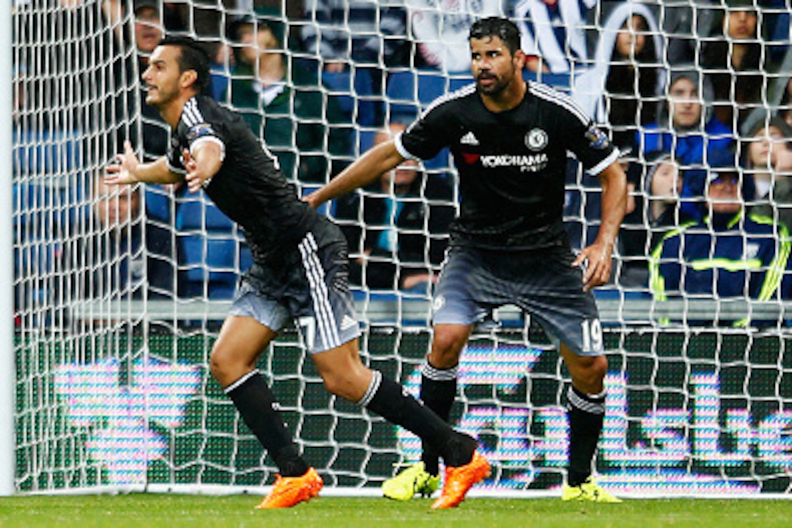 WEST BROMWICH, ENGLAND - AUGUST 23:  Pedro of Chelsea celebrates scoring the opening goal during the Barclays Premier League match between West Bromwich Albion and Chelsea at The Hawthorns on August 23, 2015 in West Bromwich, England.  (Photo by Julian Fi